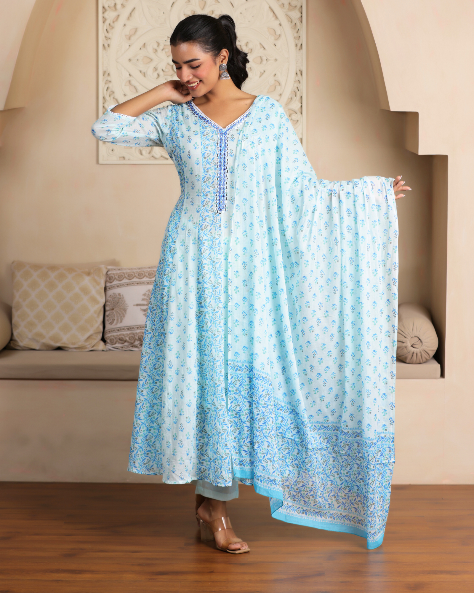 Floral Printed Mirror Work Pure Cotton Anarkali Kurta with Trousers & Dupatta