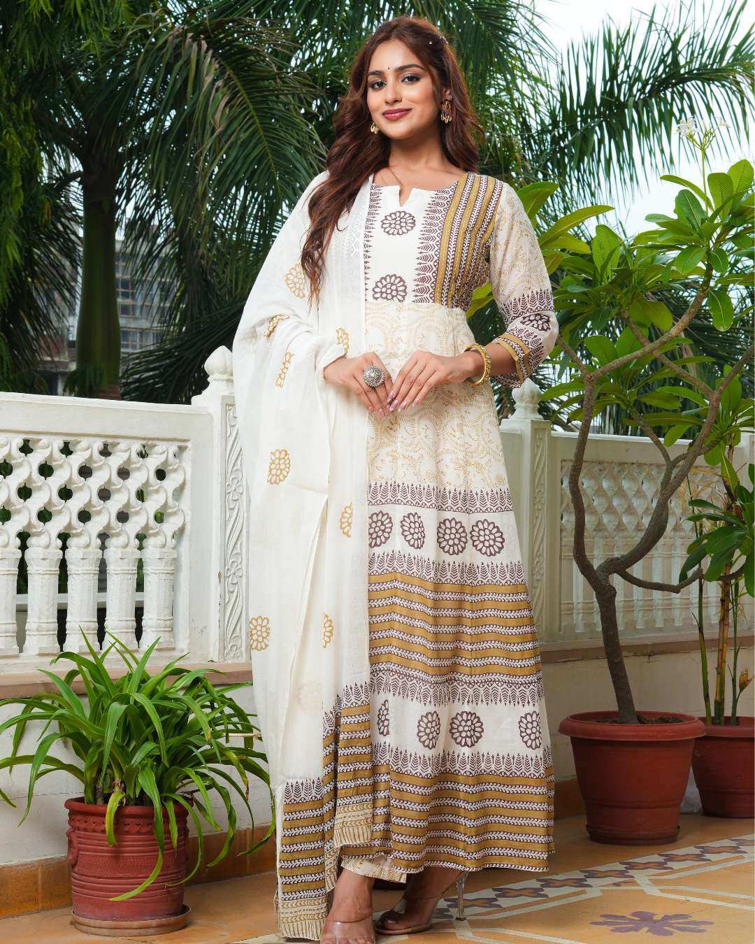 Beige Kurta Trouser & Dupatta Set