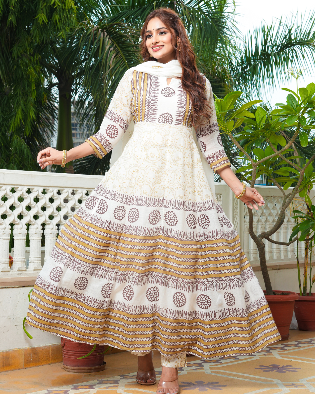 Beige Kurta Trouser & Dupatta Set