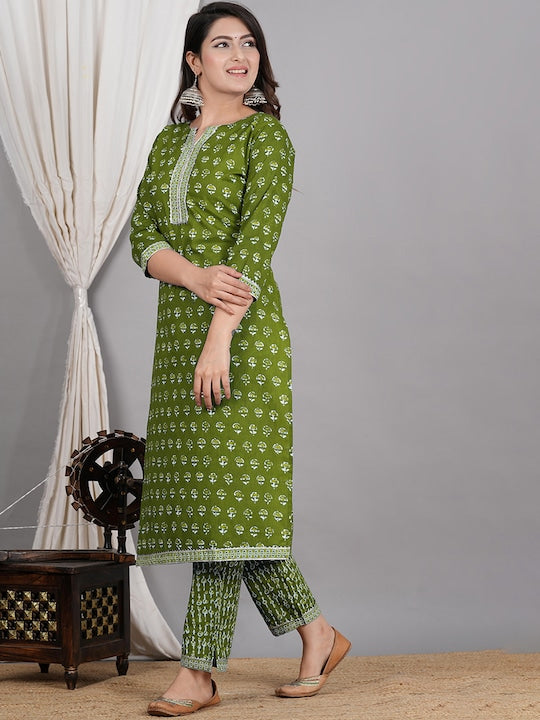 Ethnic Motifs Printed Gotta Patti Pure Cotton Straight Kurta & Trouser