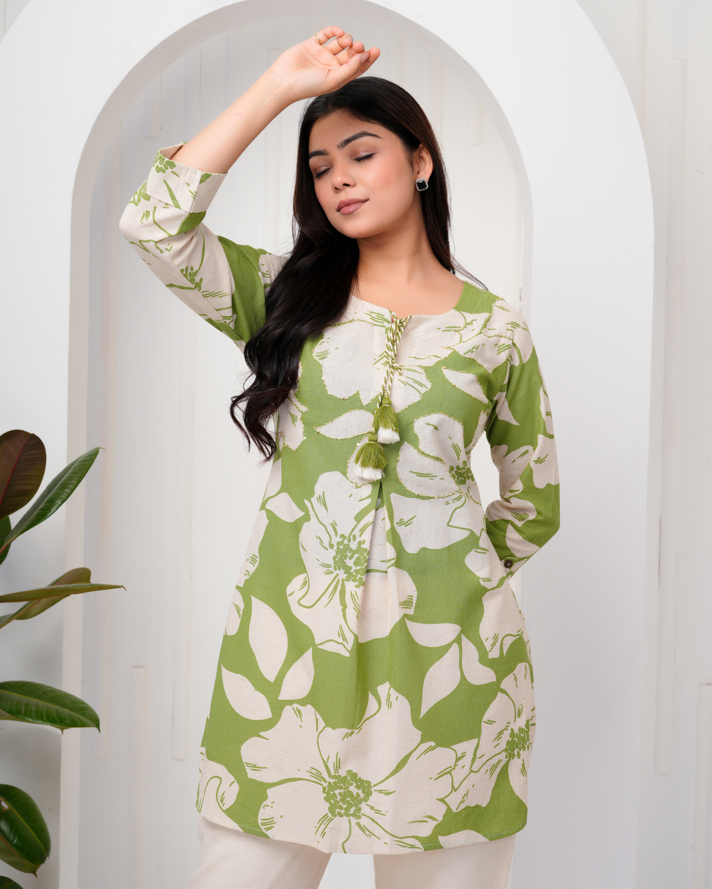 Women's Round Neck, Printed Green Co-Ord Set, Night Suit Set