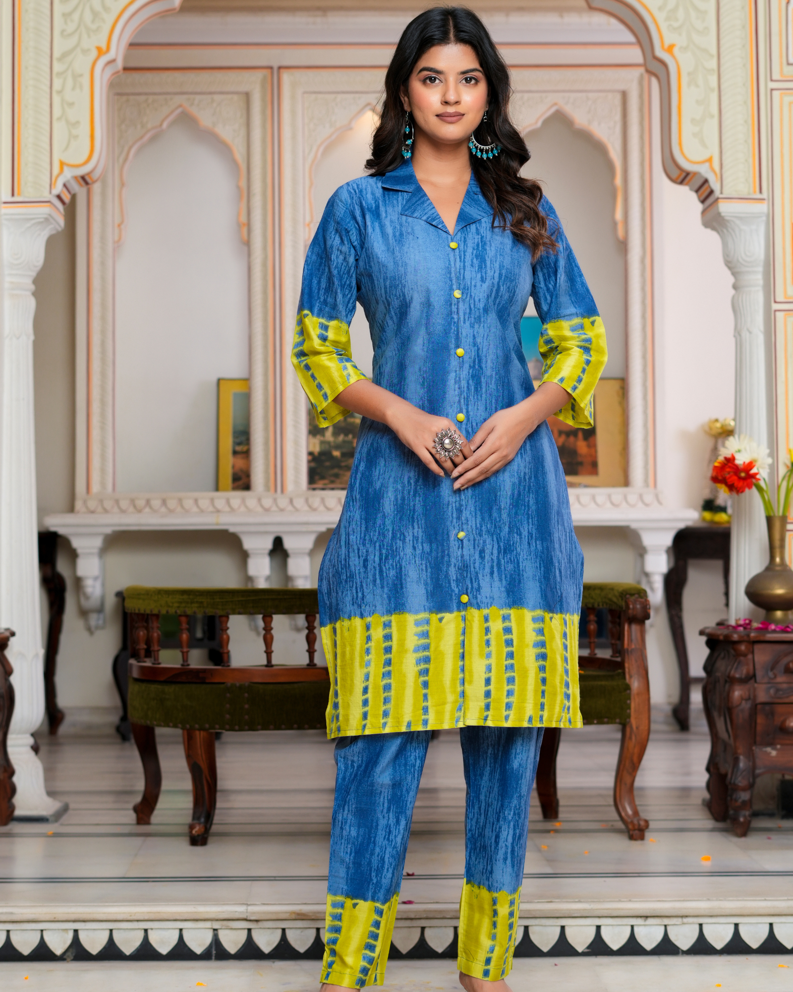 Blue Color Block Printed Kurta With Printed Trouser