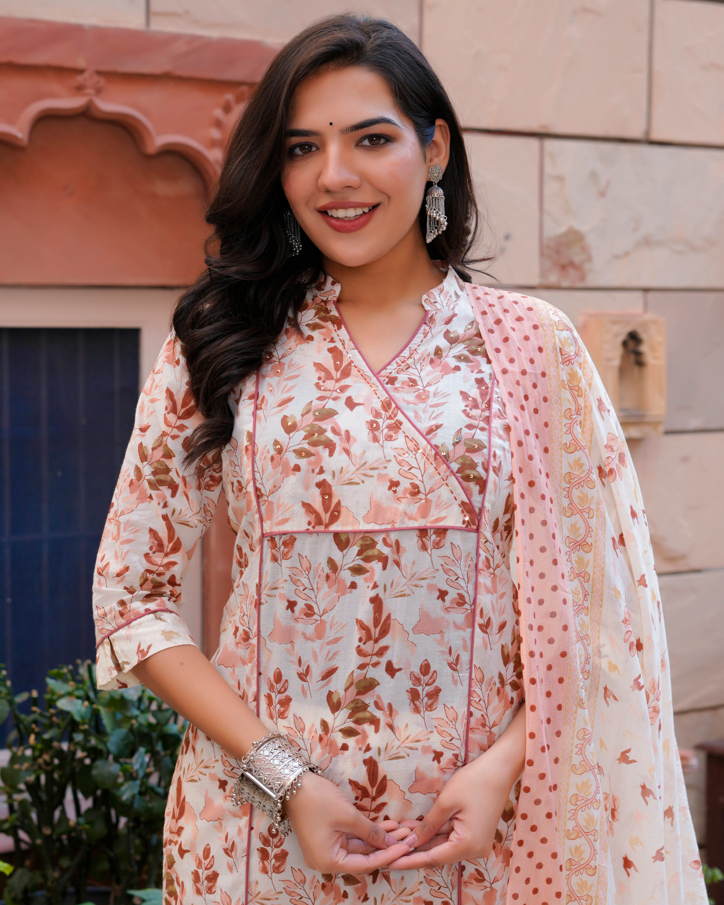 Cotton Printed Straight Orange Kurta Set With Dupatta