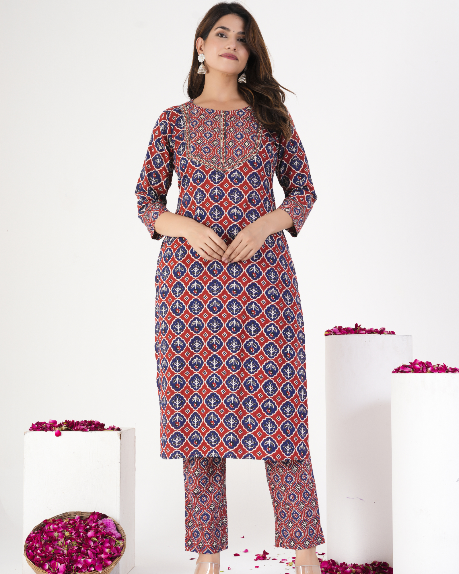 Red & Blue Floral Printed Kurta & Trousers