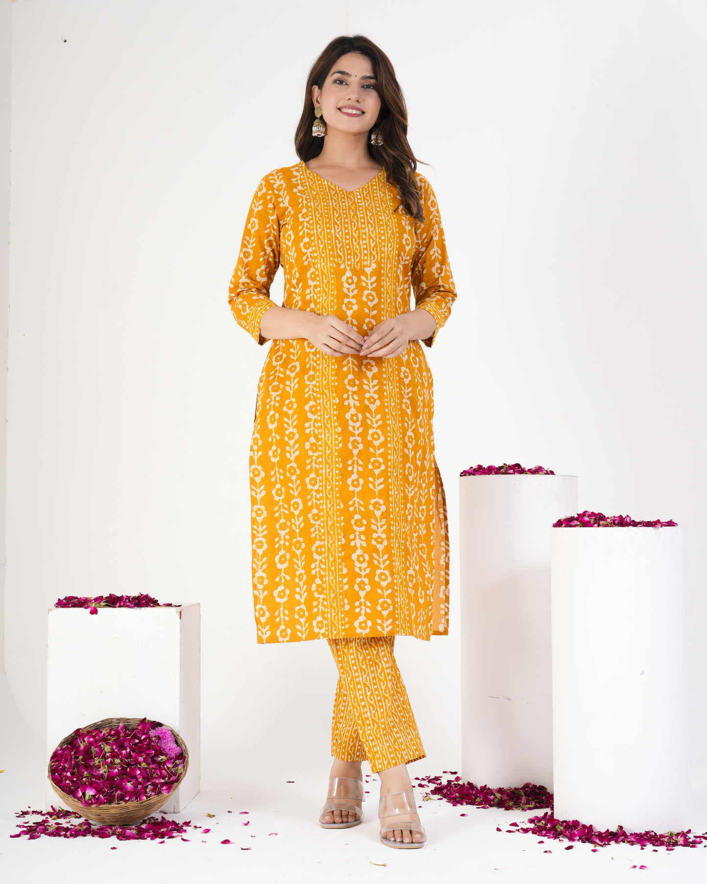 Yellow Floral Printed Kurta With Solid Trousers