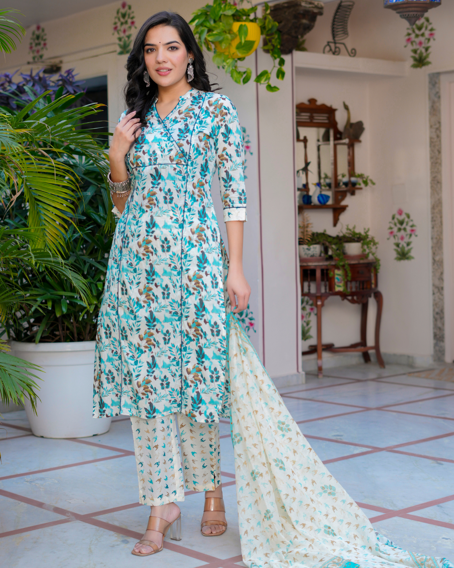 Cotton Printed Straight Blue Kurta Set With Dupatta