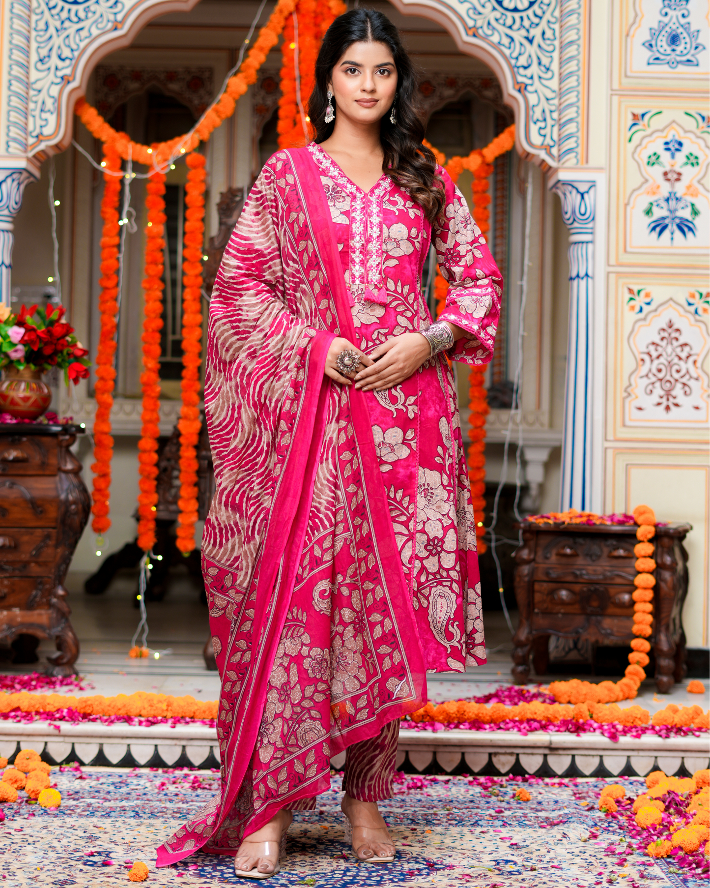 Pink Floral Printed Kurta With Printed Trouser & Dupatta