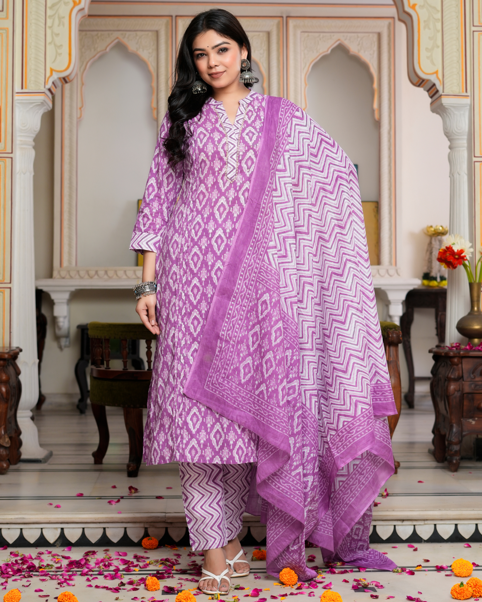 Purple Floral Printed Kurta With Printed Trouser & Dupatta