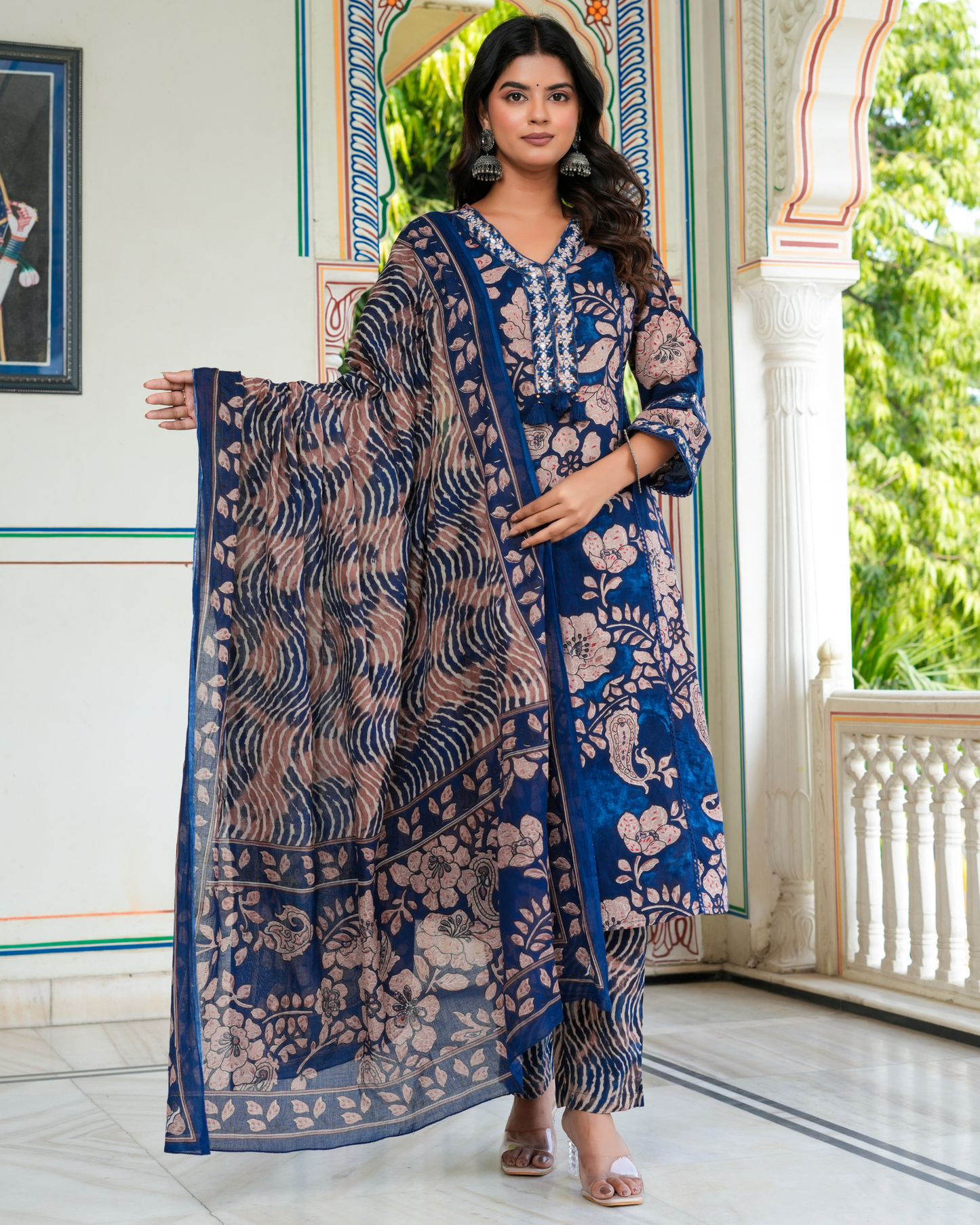 Blue Floral Printed Kurta With Printed Trouser & Dupatta