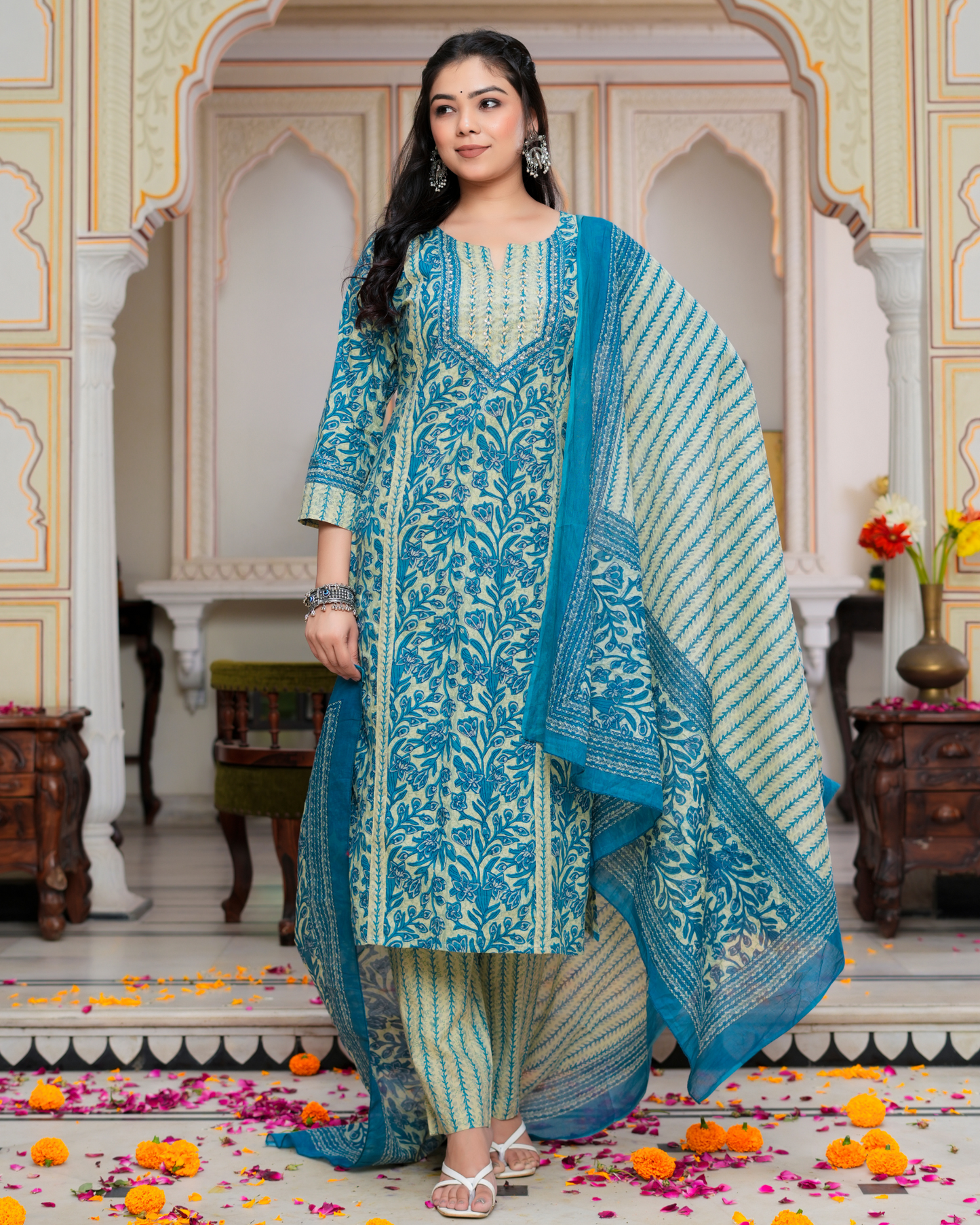 Blue Floral Printed Kurta With Printed Trouser & Dupatta