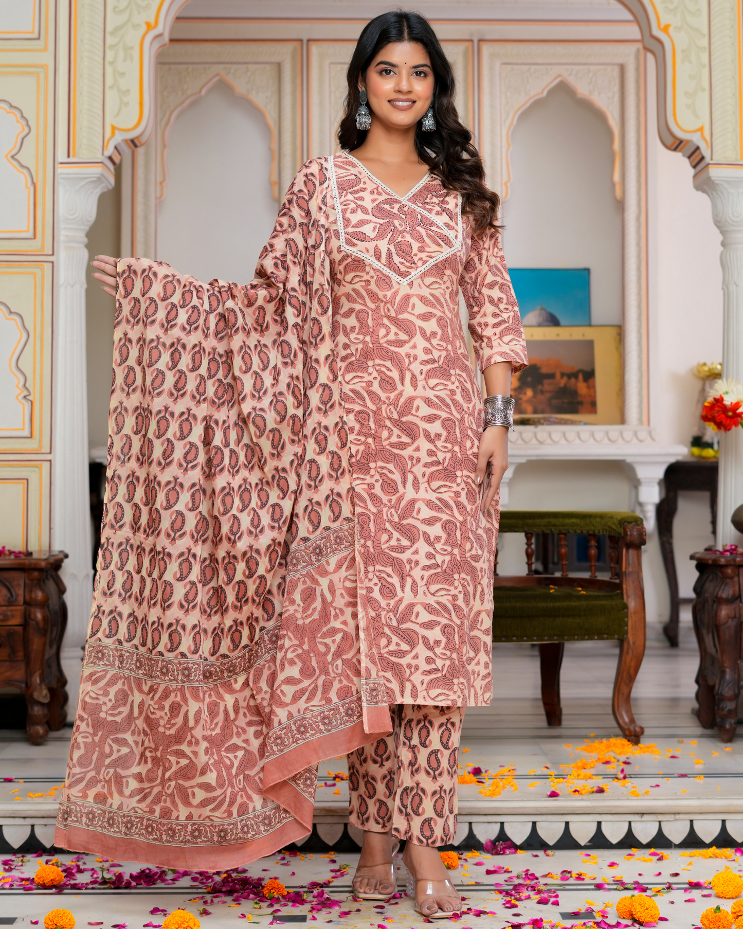 Beige Floral Printed Kurta With Printed Trouser & Dupatta