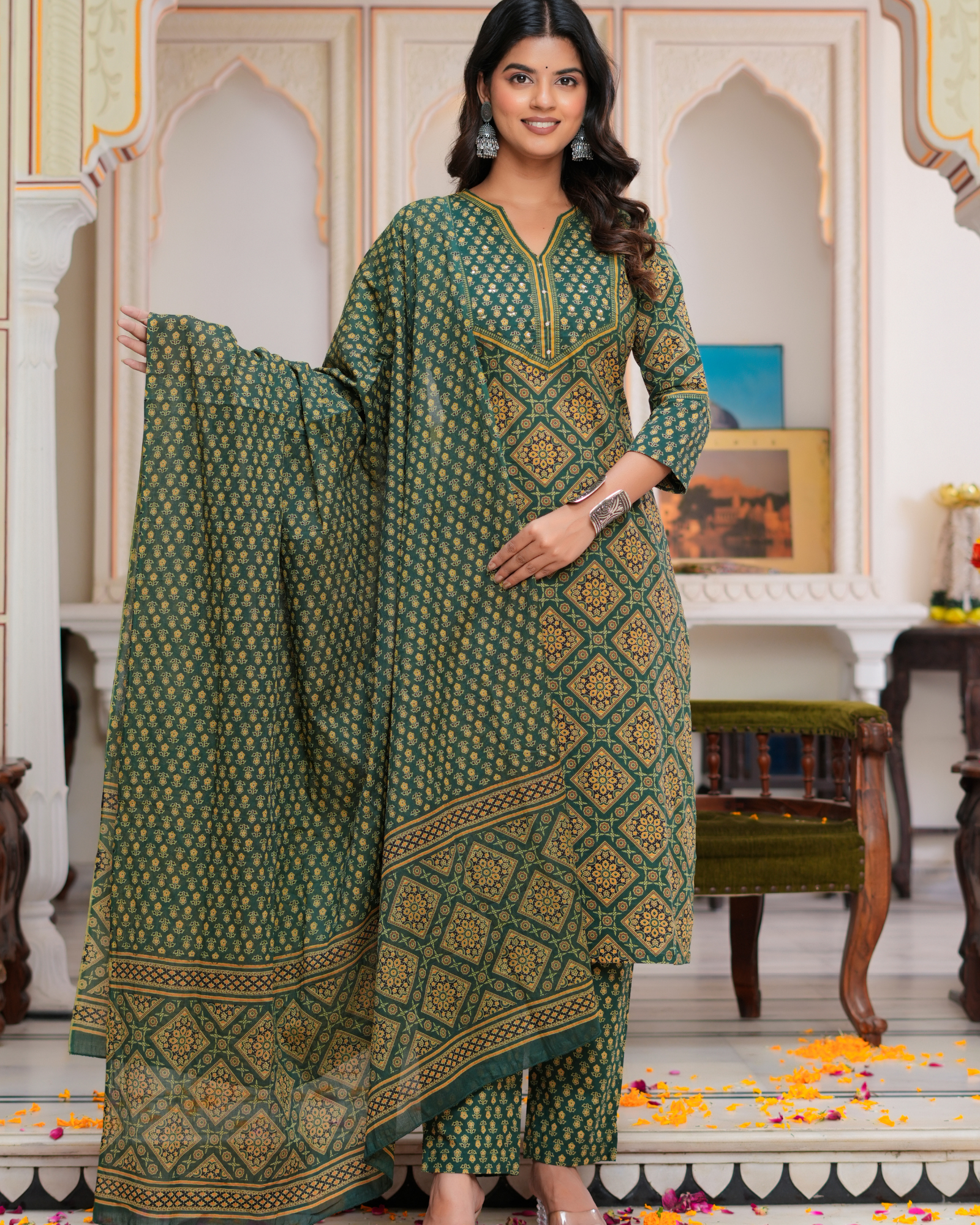 Green Floral Printed Kurta With Printed Trouser & Dupatta