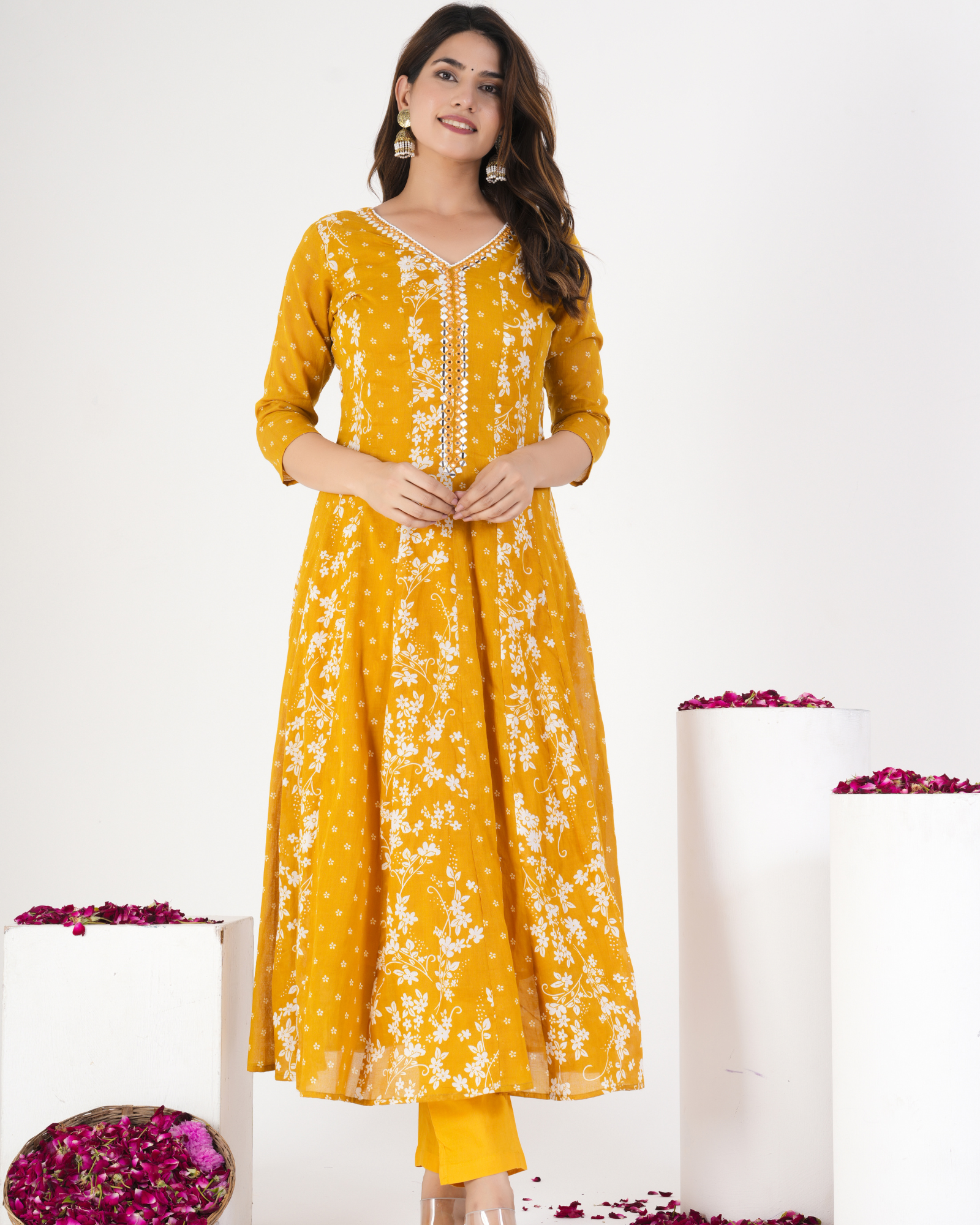 Mustard Floral Printed Kurta With Solid Trousers