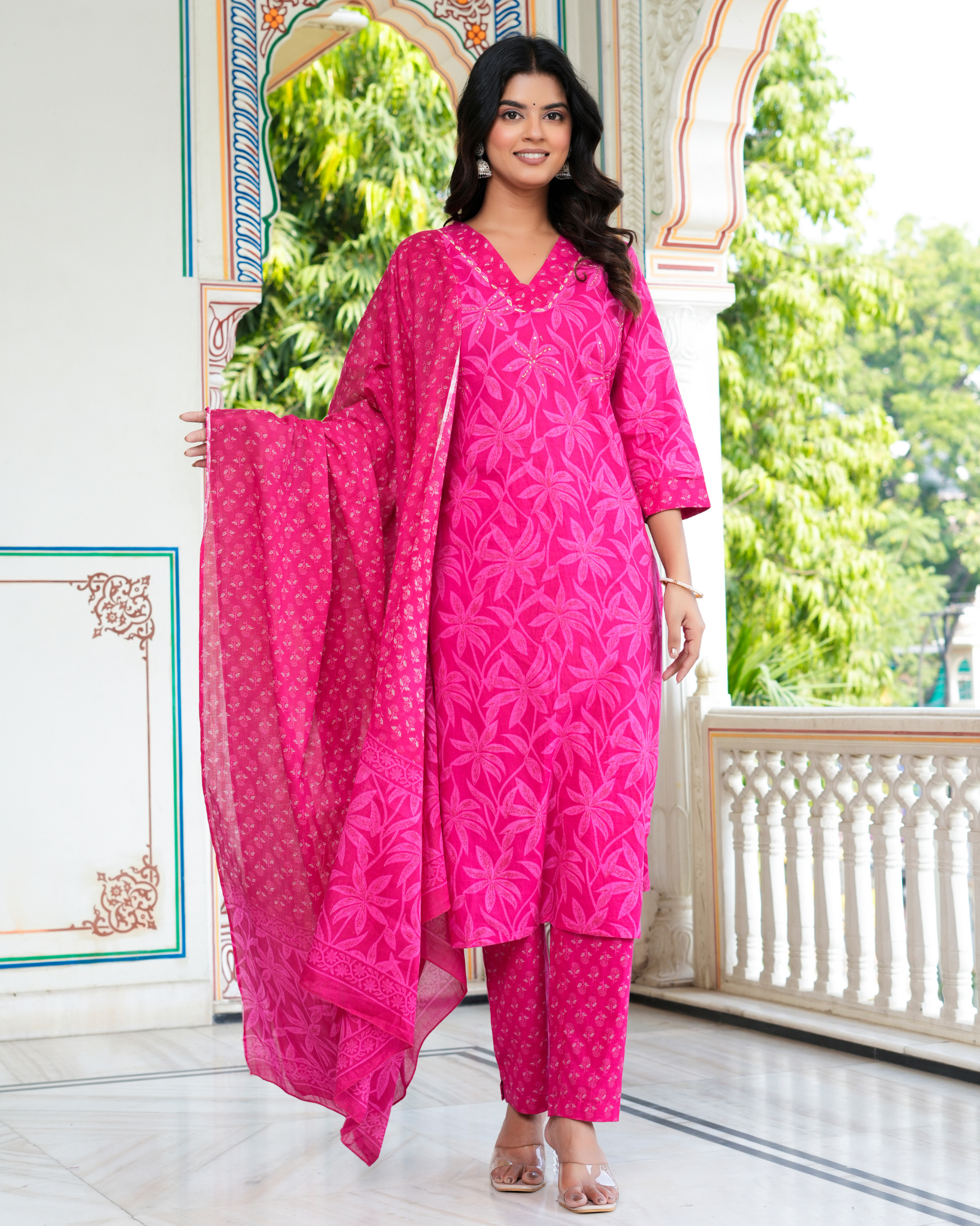 Pink Floral Printed Kurta With Printed Trouser & Dupatta