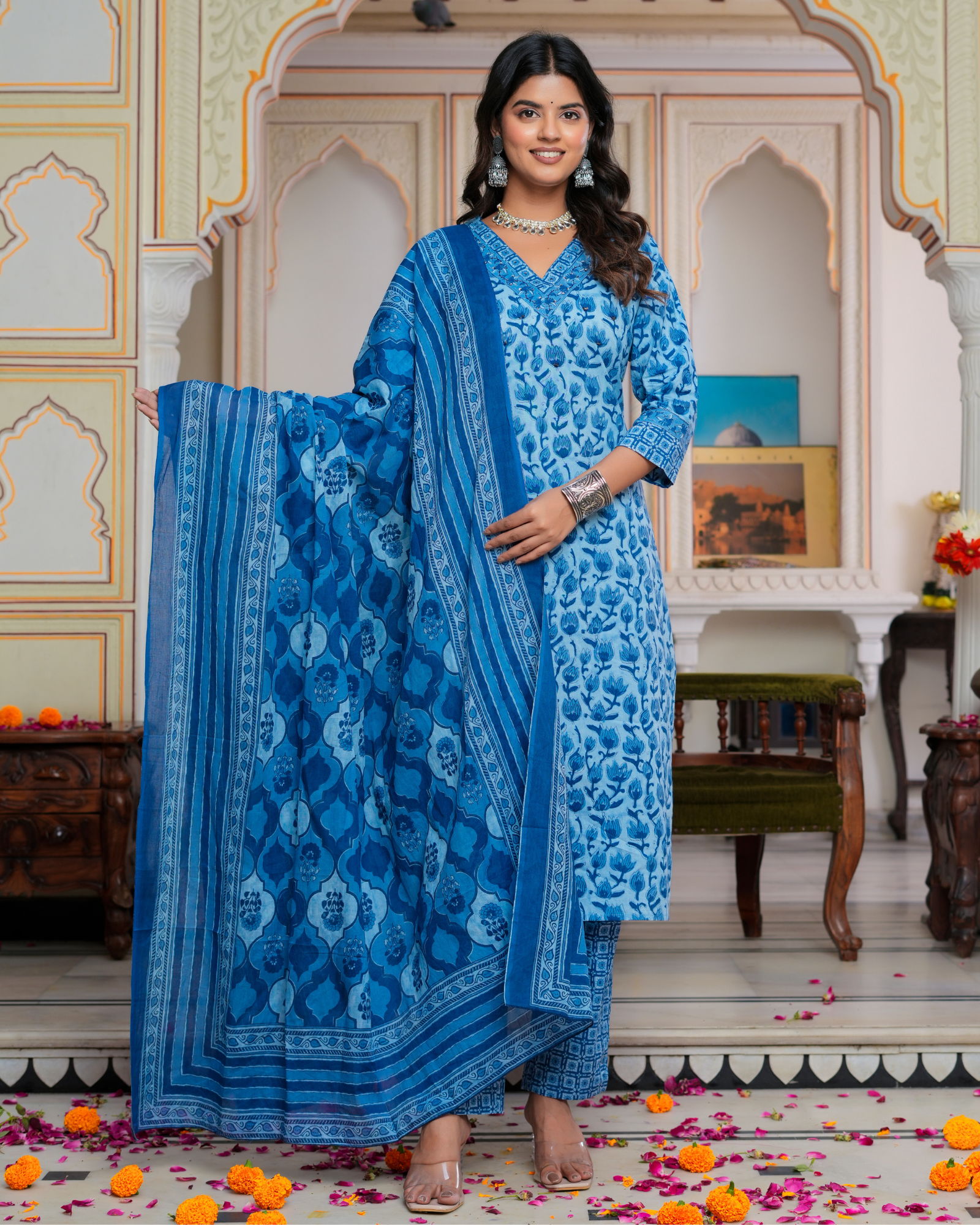 Blue Floral Printed Kurta With Printed Trouser & Dupatta