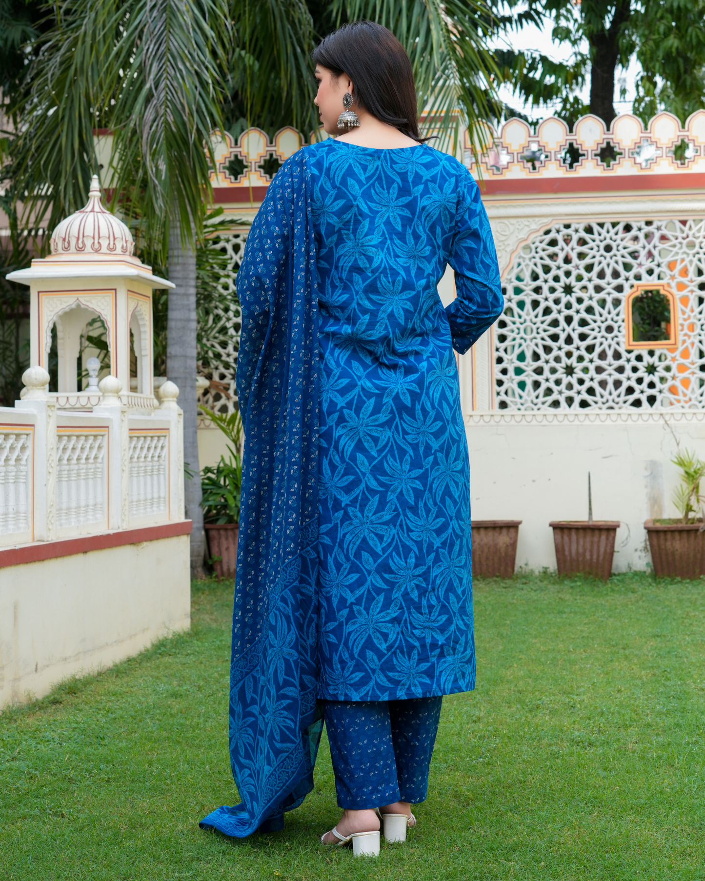 Blue Floral Printed Kurta With Printed Trouser & Dupatta