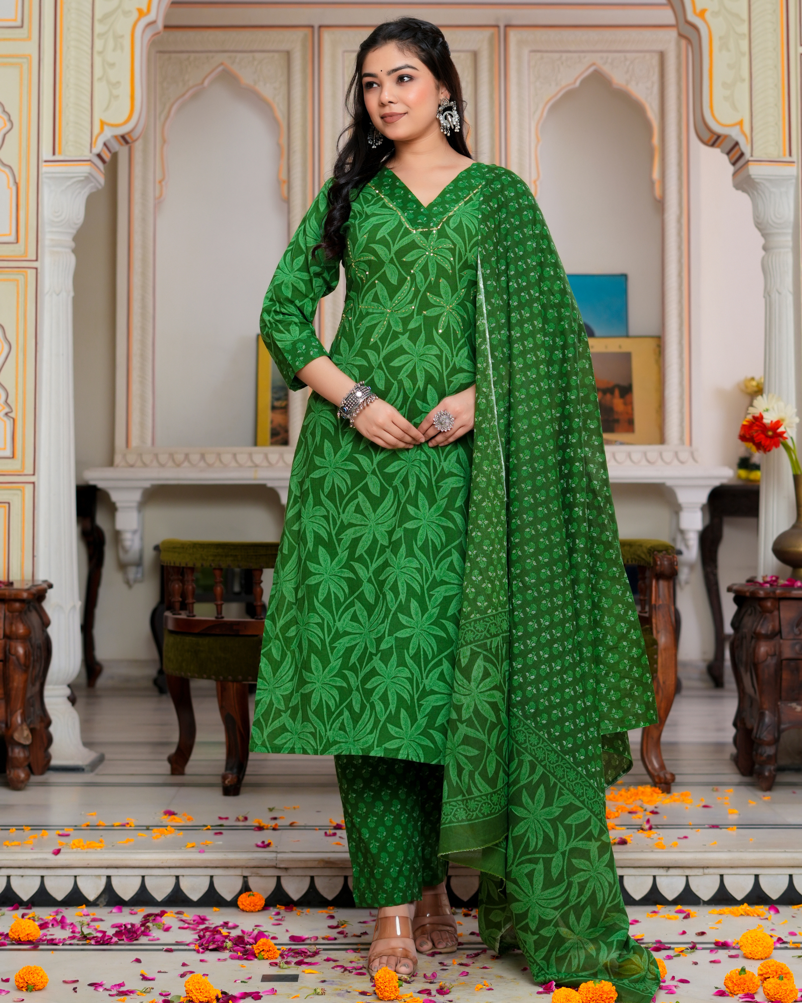 Green Floral Printed Kurta With Printed Trouser & Dupatta