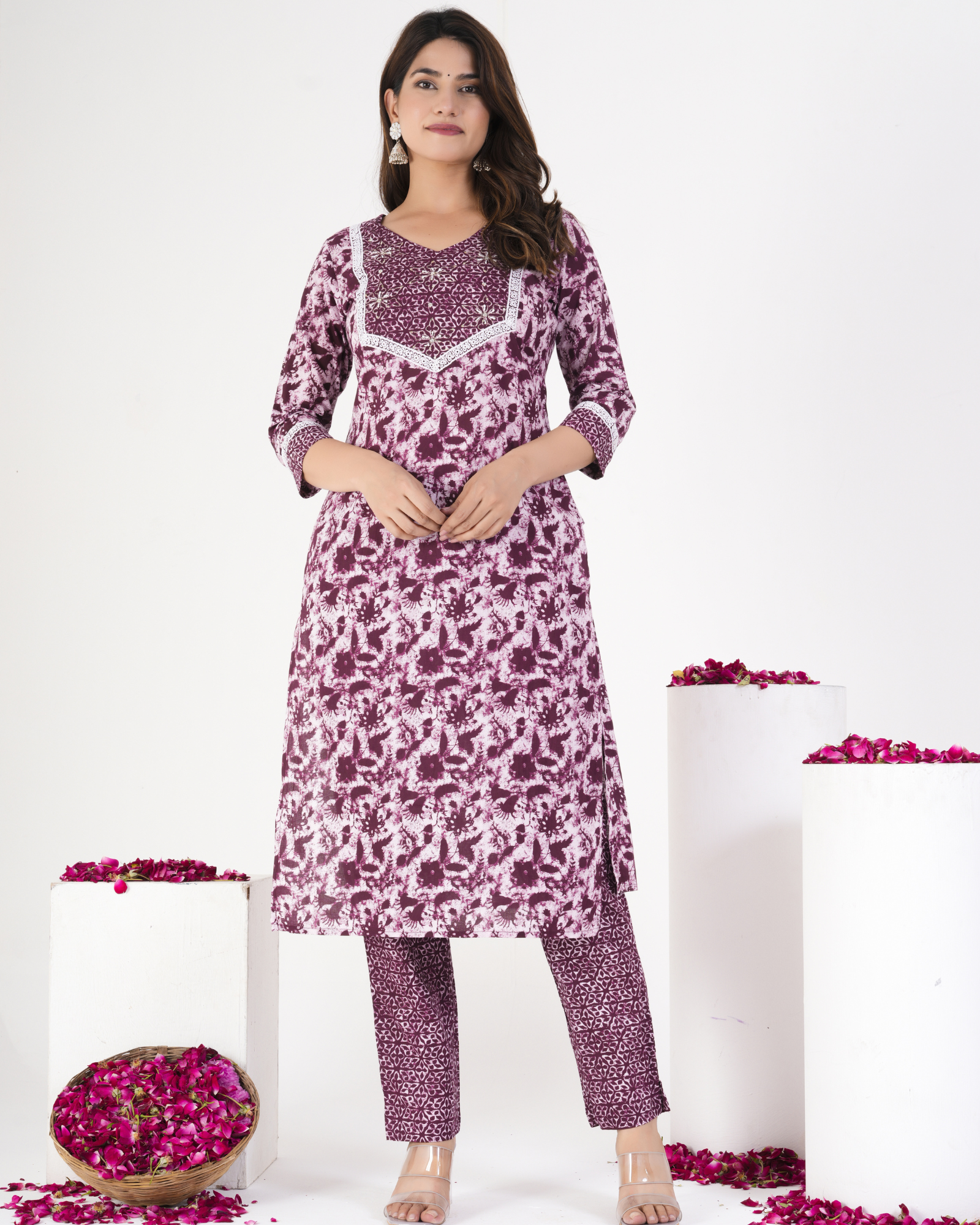 Wine Color Floral Printed Kurta & Trousers