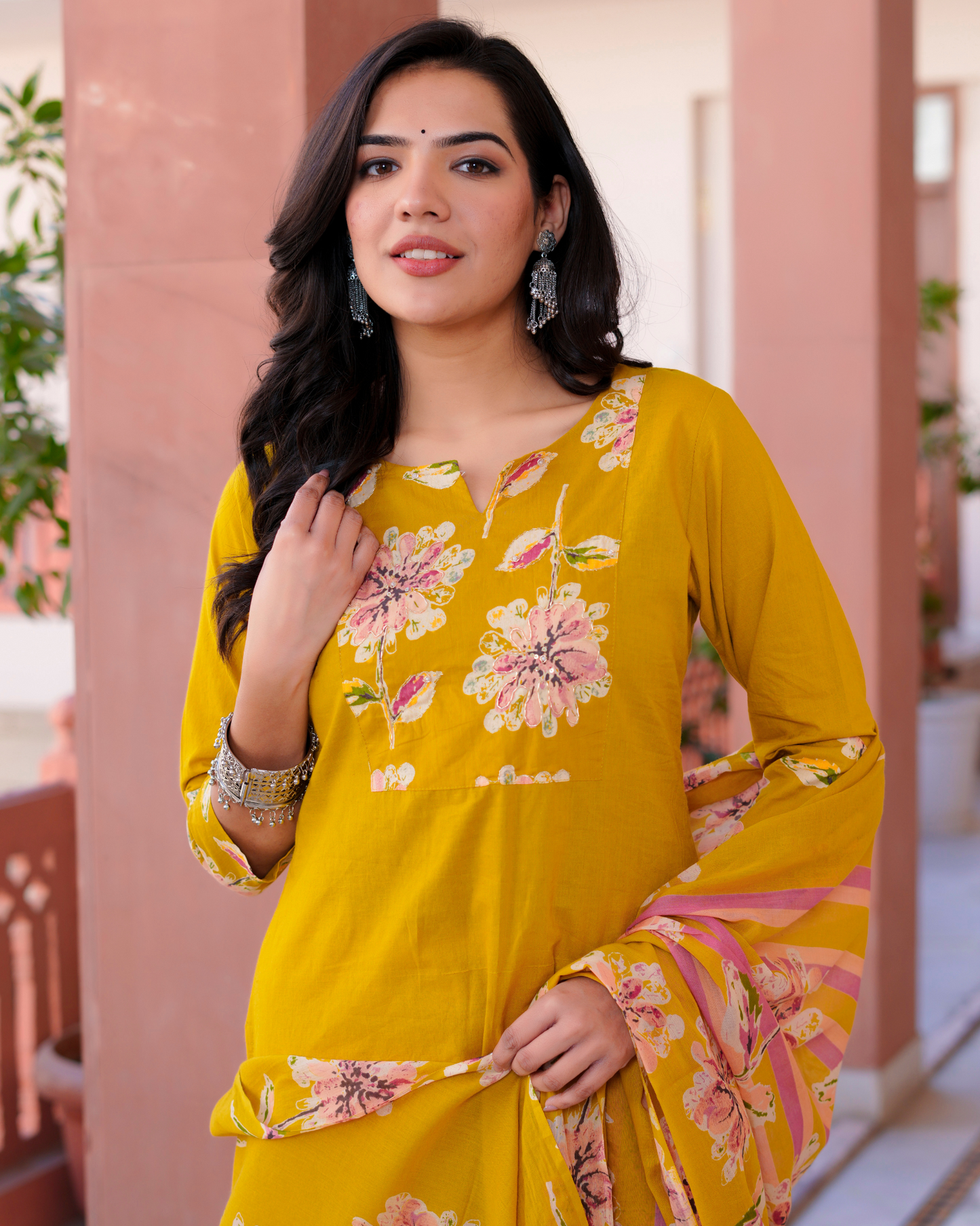 Cotton Printed Straight Mustard Kurta Set With Dupatta