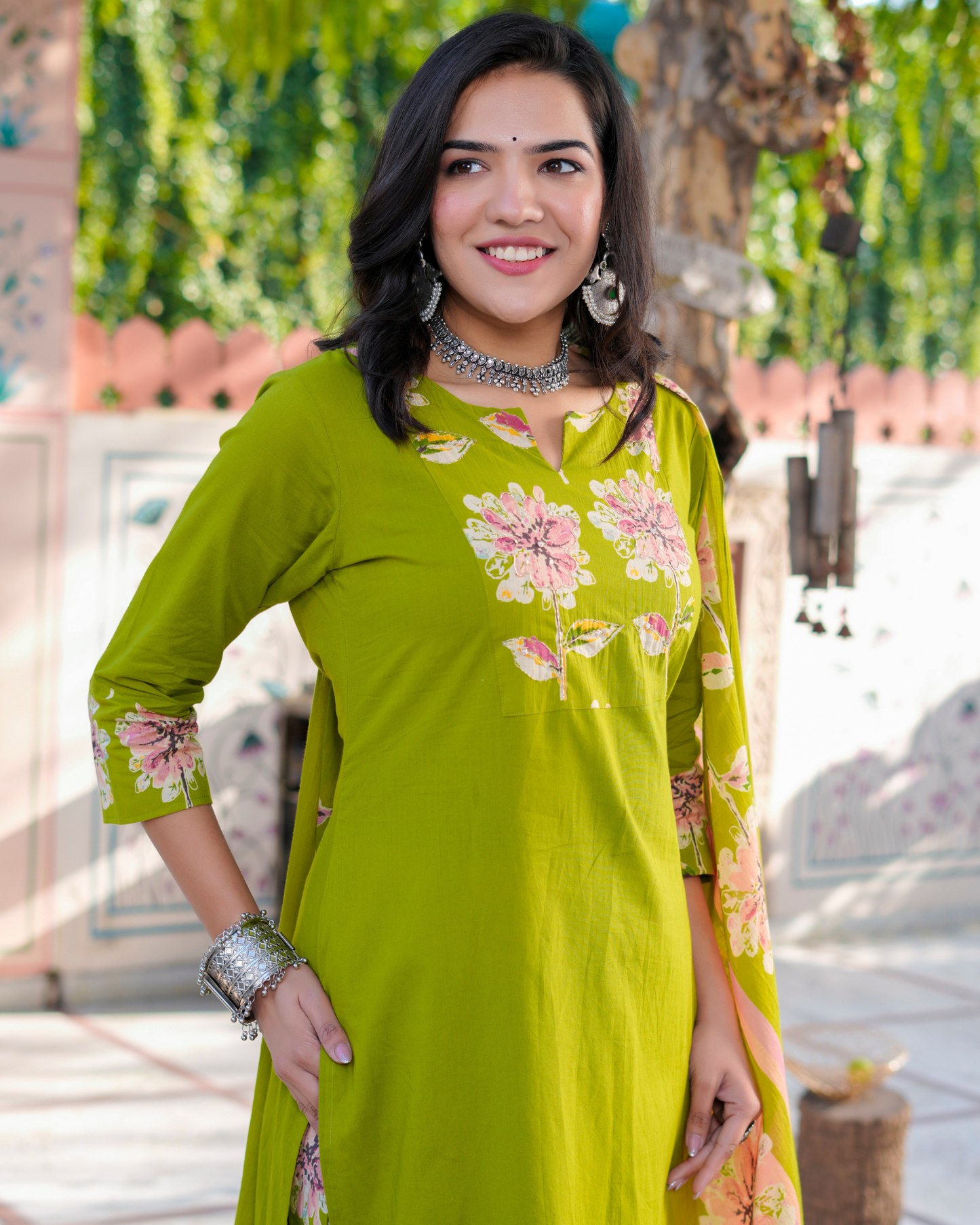 Cotton Printed Straight Green Kurta Set With Dupatta