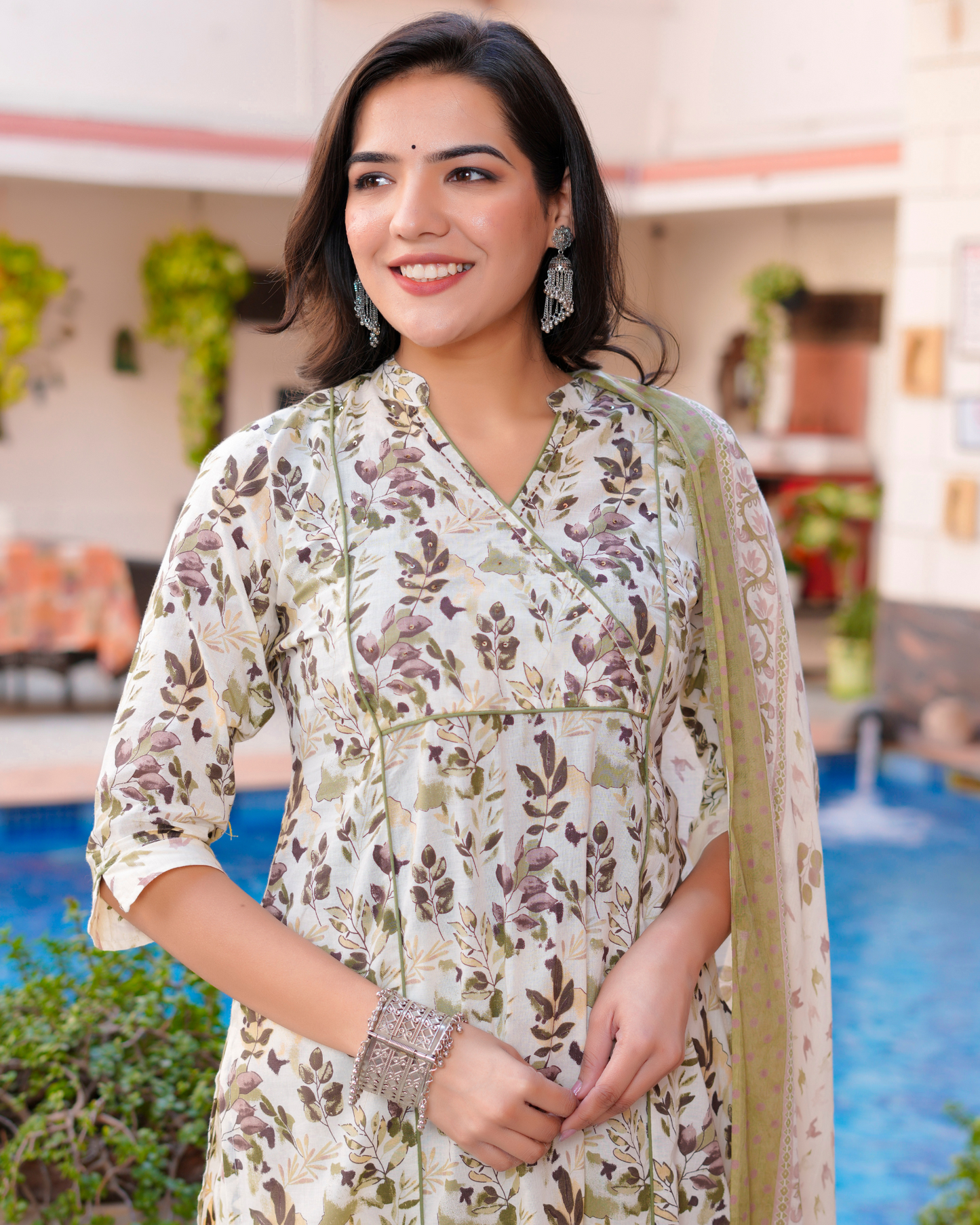 Cotton Printed Straight Green Kurta Set With Dupatta