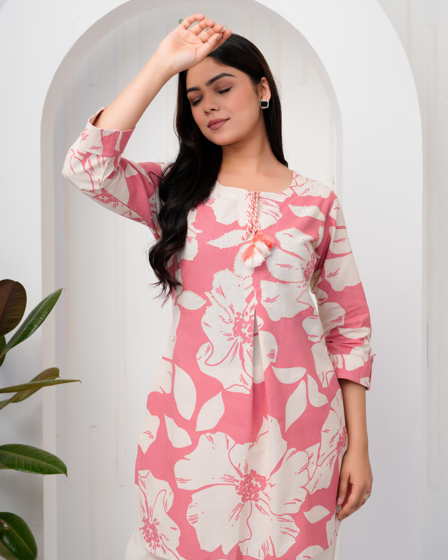 Women's Round Neck, Printed Pink Co-Ord Set, Night Suit Set