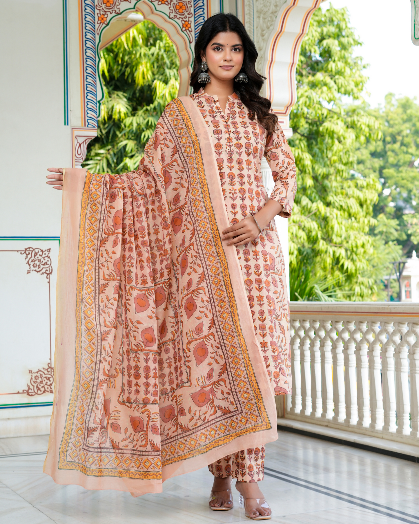 Beige Floral Printed Kurta With Printed Trouser & Dupatta