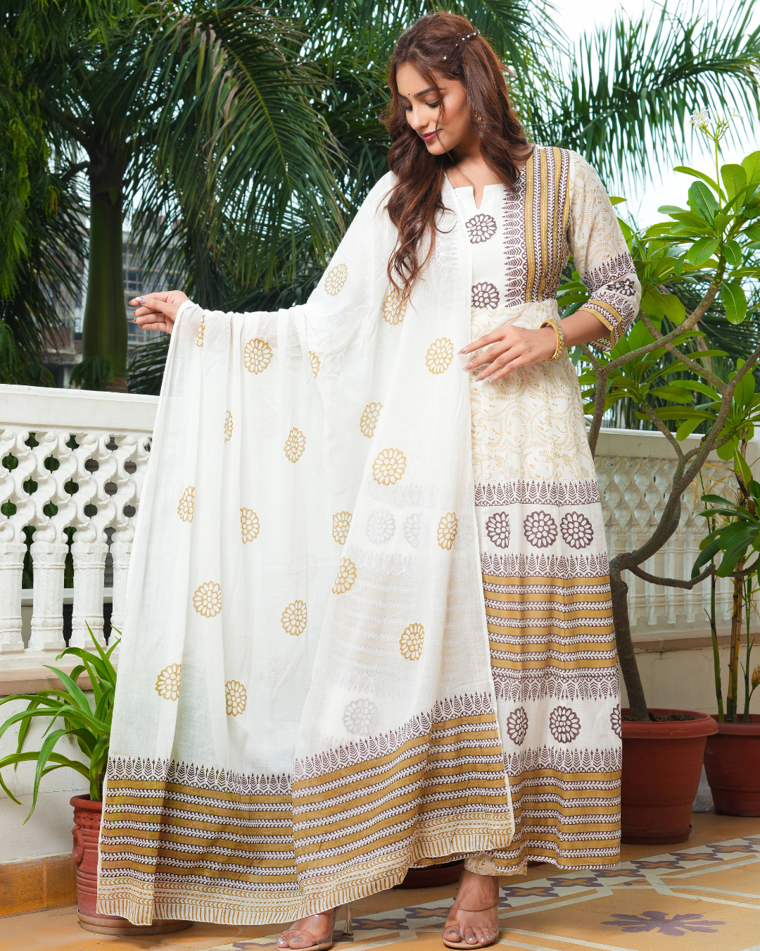 Beige Kurta Trouser & Dupatta Set