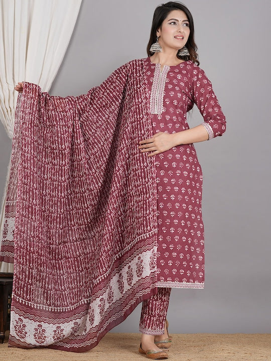 Floral Printed Regular Sequinned Pure Cotton Kurta With Trousers & Dupatta