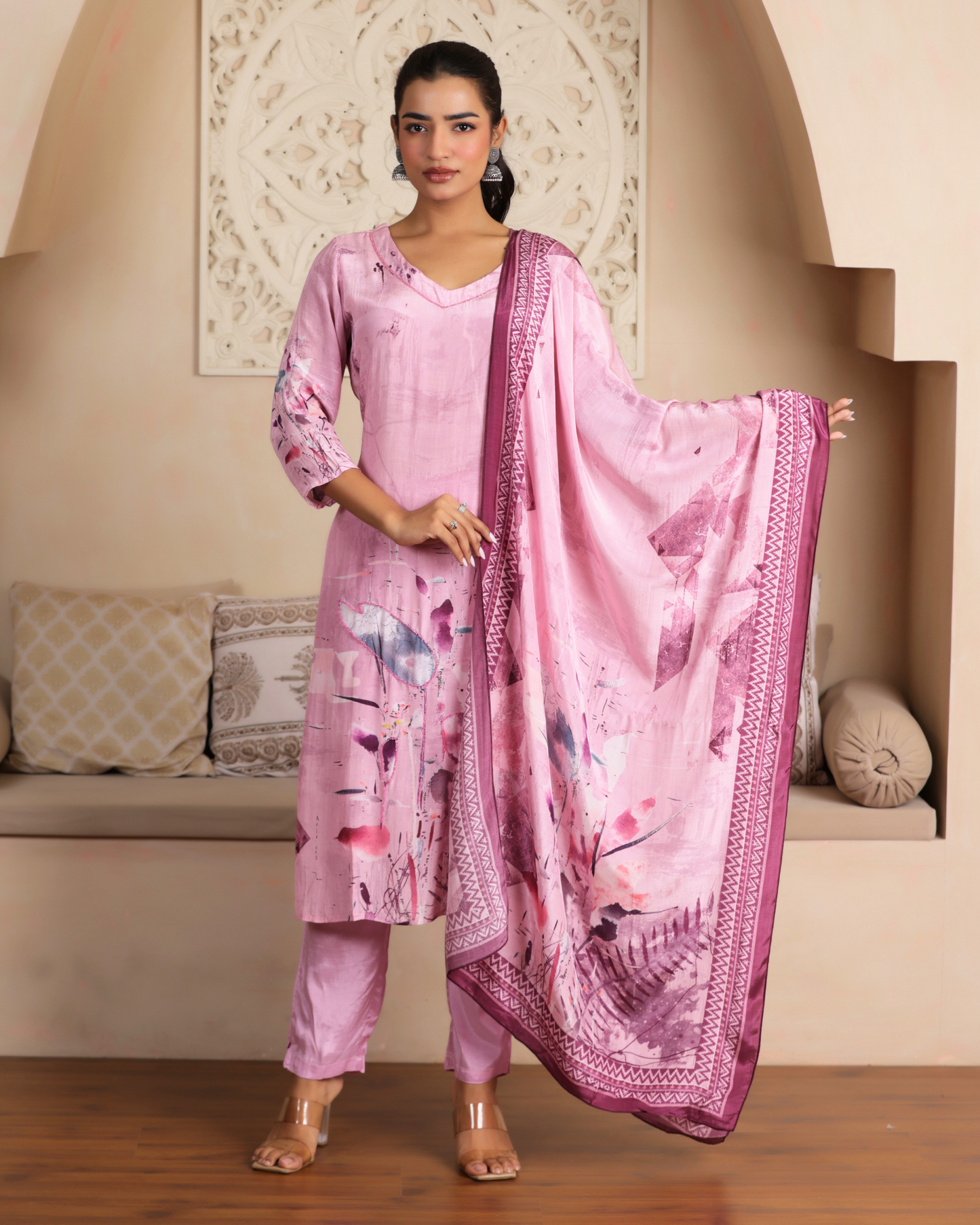 Floral Printed Straight Kurta with Trousers & Dupatta