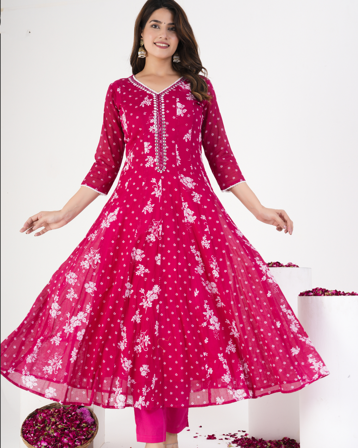 Pink Floral Printed Kurta With Solid Trousers