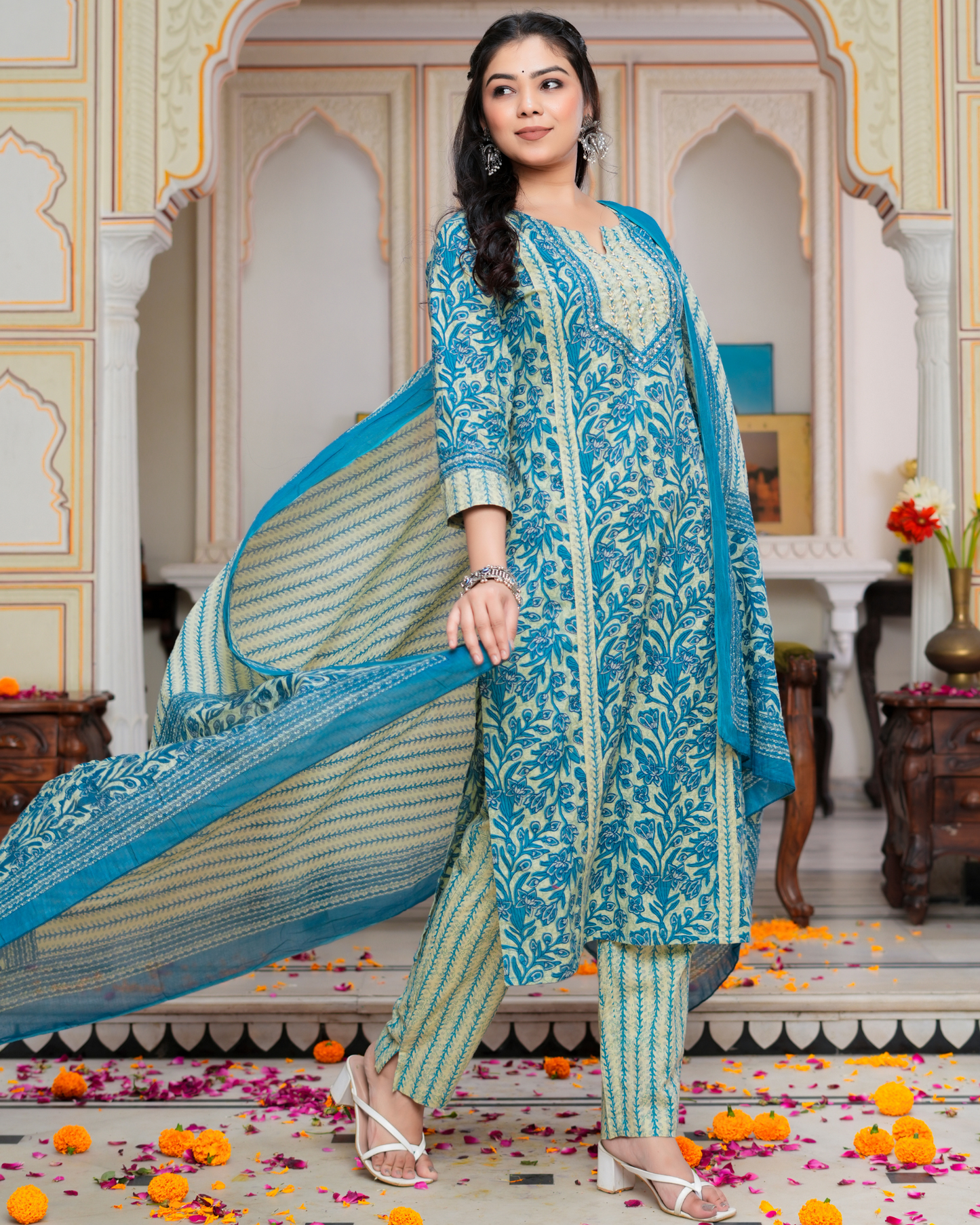 Blue Floral Printed Kurta With Printed Trouser & Dupatta