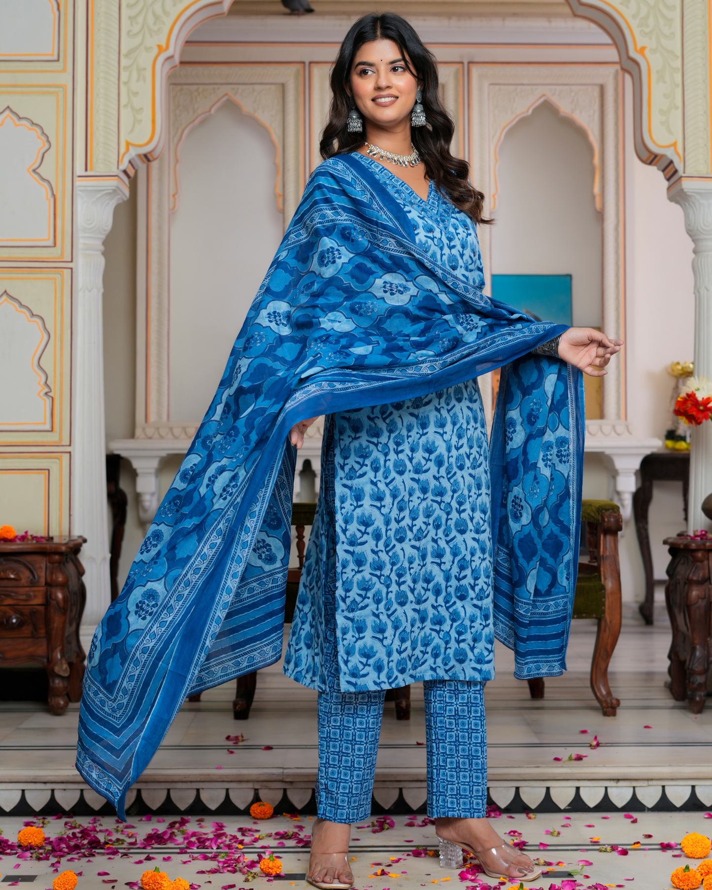 Blue Floral Printed Kurta With Printed Trouser & Dupatta