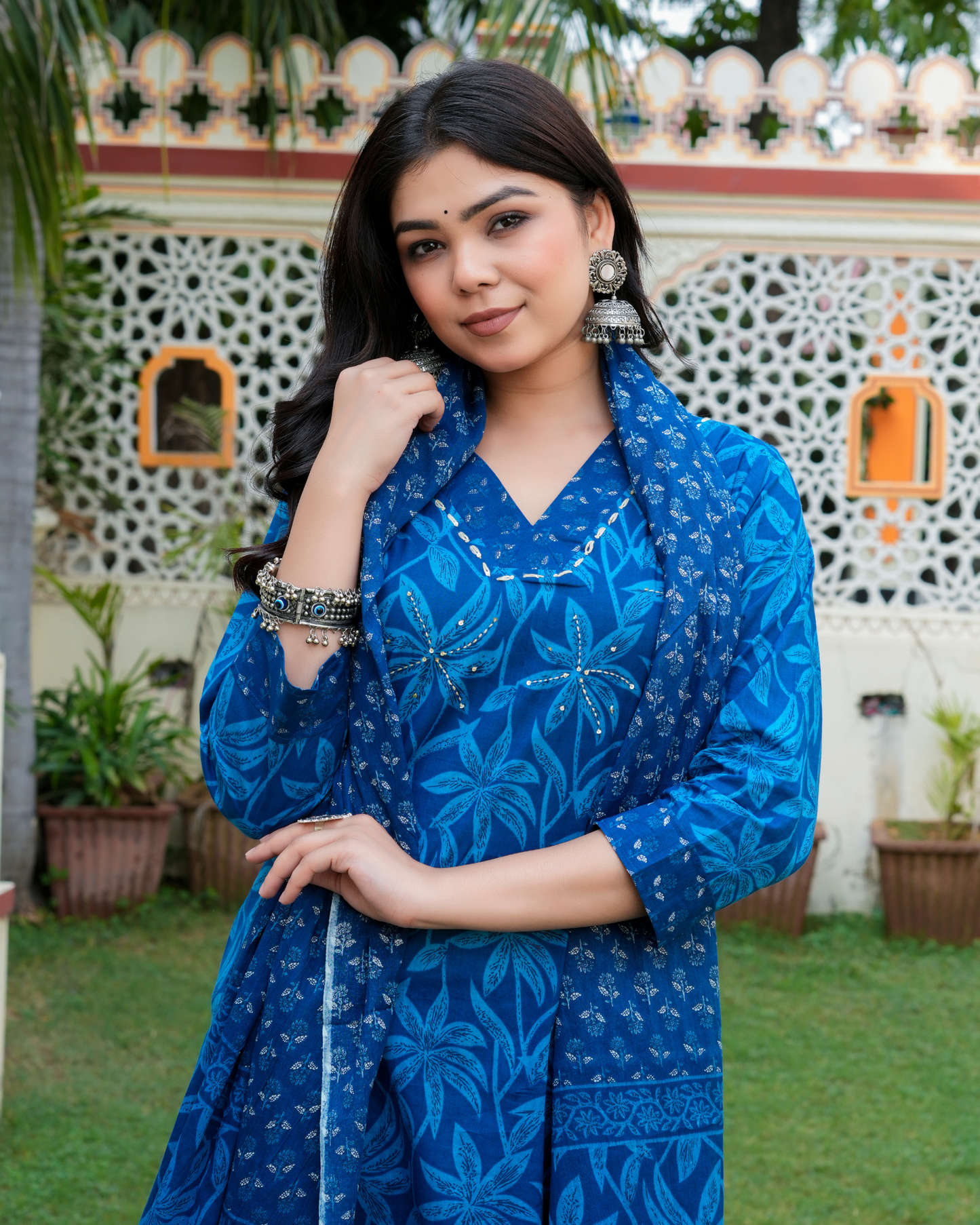 Blue Floral Printed Kurta With Printed Trouser & Dupatta