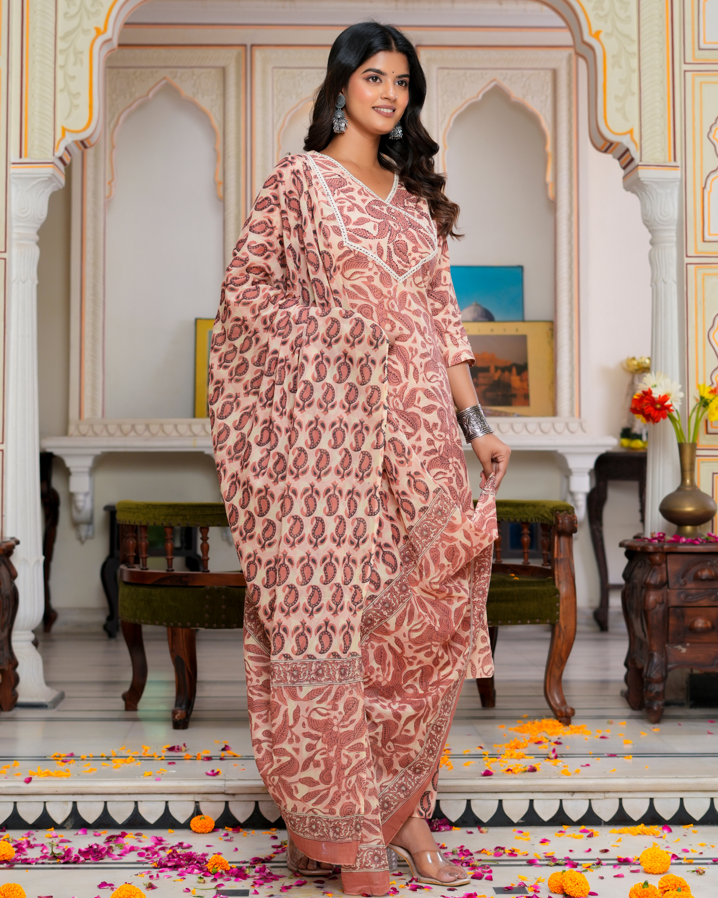 Beige Floral Printed Kurta With Printed Trouser & Dupatta