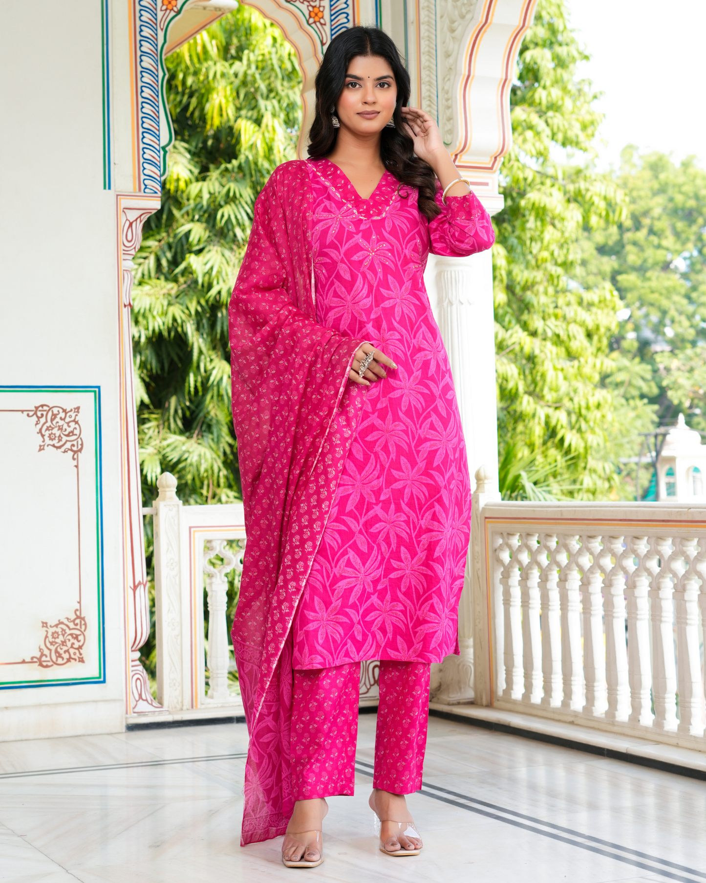 Pink Floral Printed Kurta With Printed Trouser & Dupatta