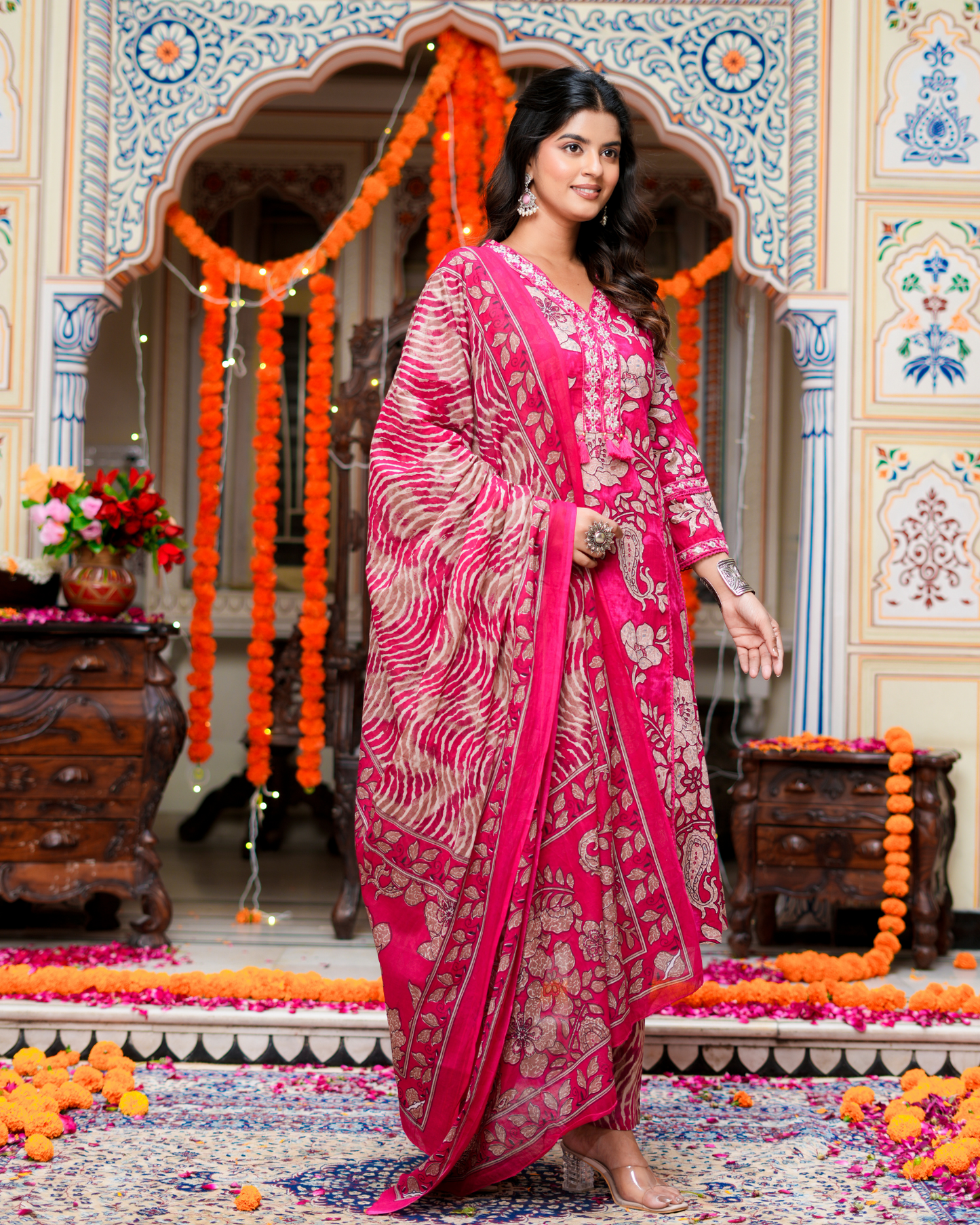 Pink Floral Printed Kurta With Printed Trouser & Dupatta