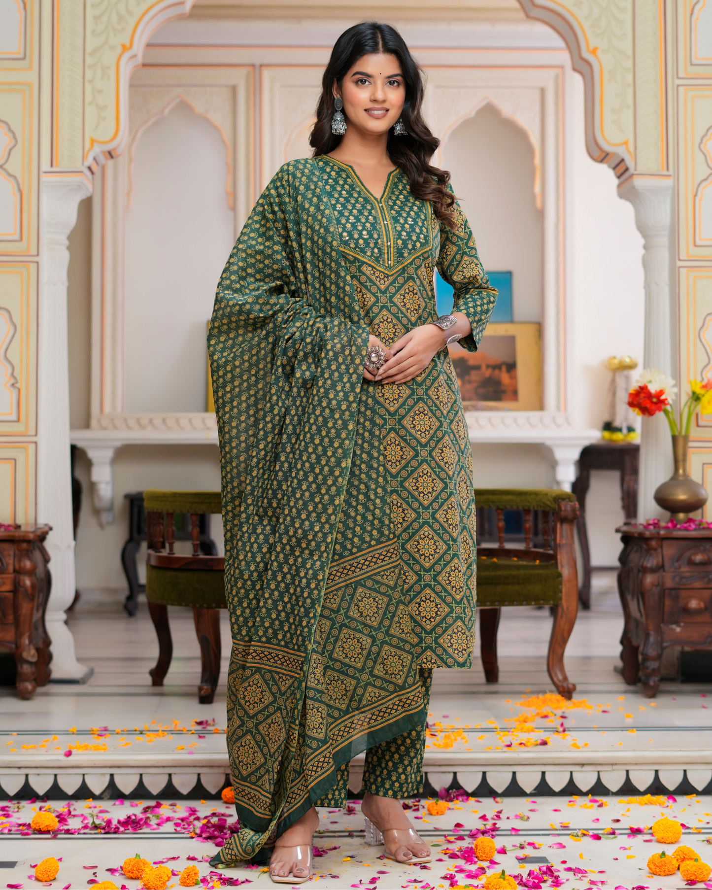 Green Floral Printed Kurta With Printed Trouser & Dupatta