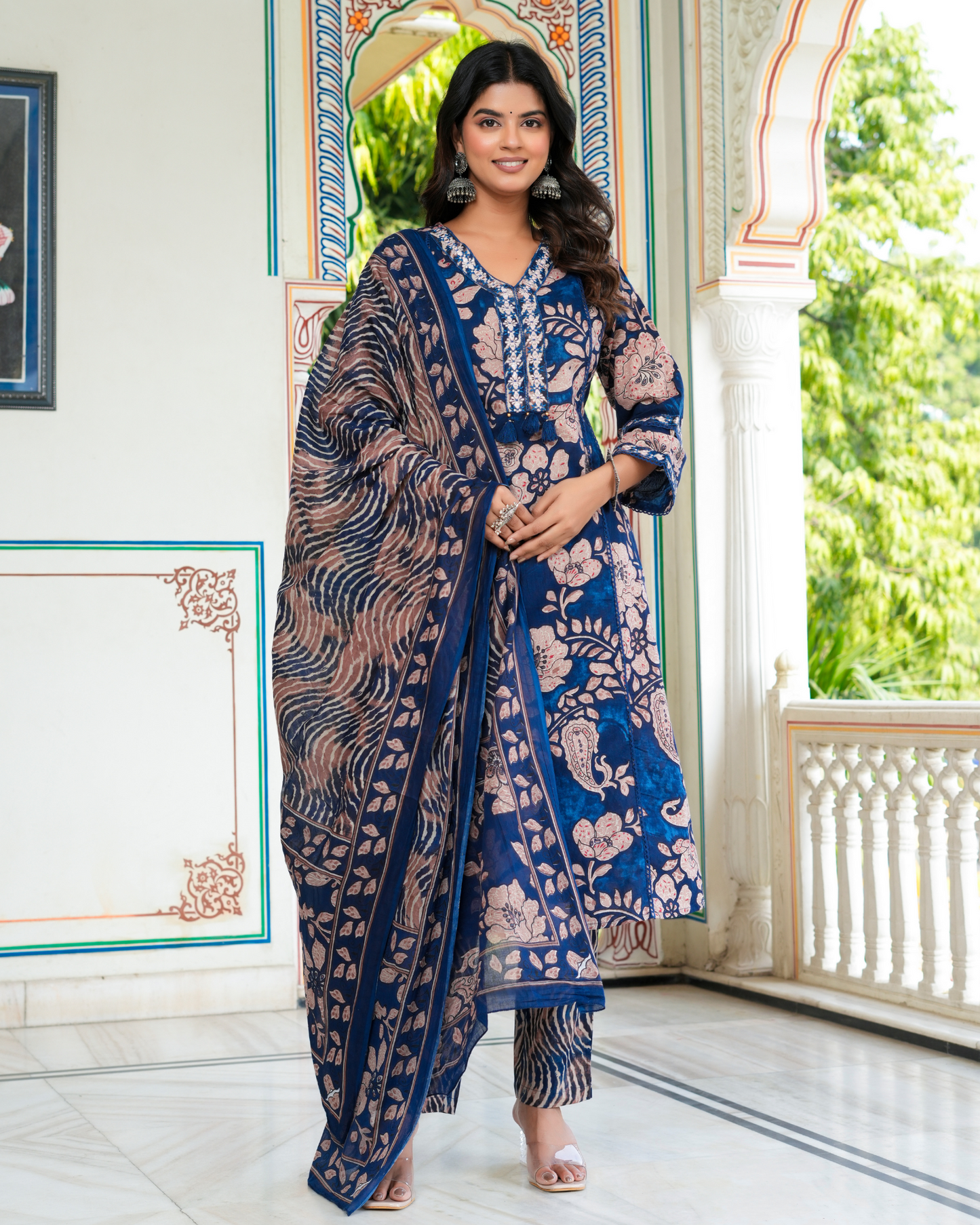 Blue Floral Printed Kurta With Printed Trouser & Dupatta