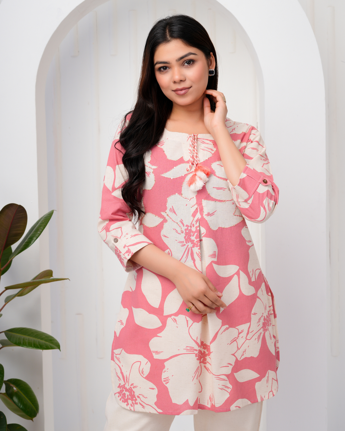 Women's Round Neck, Printed Pink Co-Ord Set, Night Suit Set