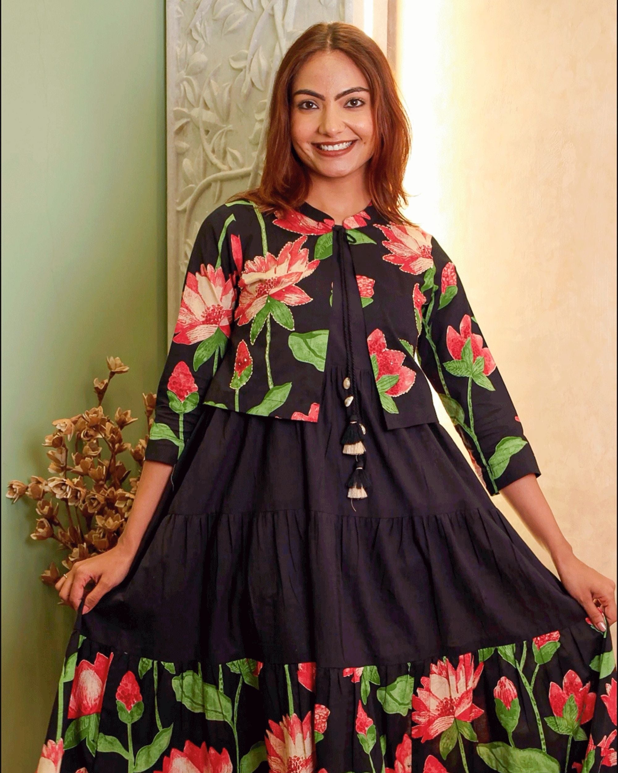 Black Cotton Floral Kurta Dress with Short Jacket
