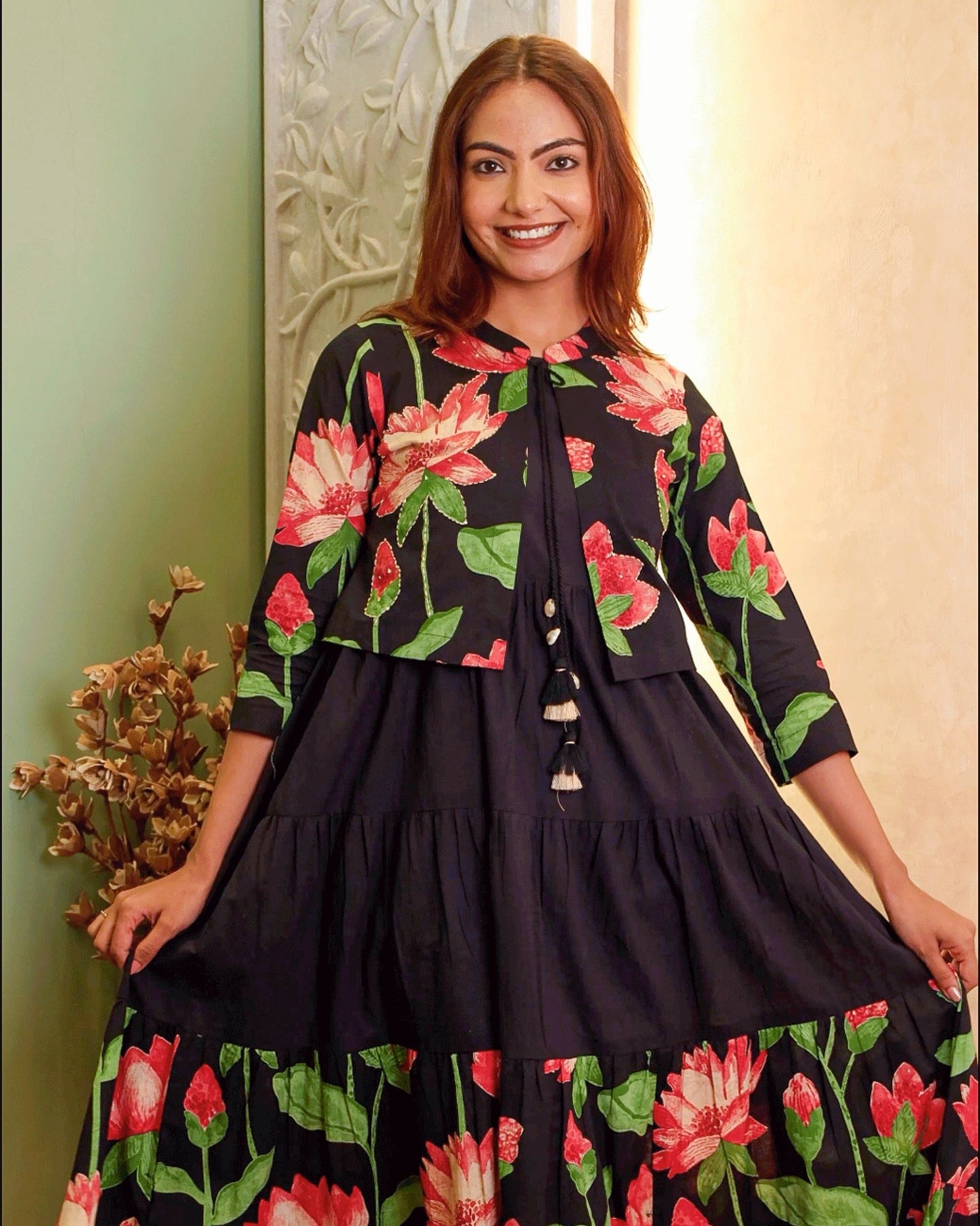 Black Cotton Floral Kurta Dress with Short Jacket