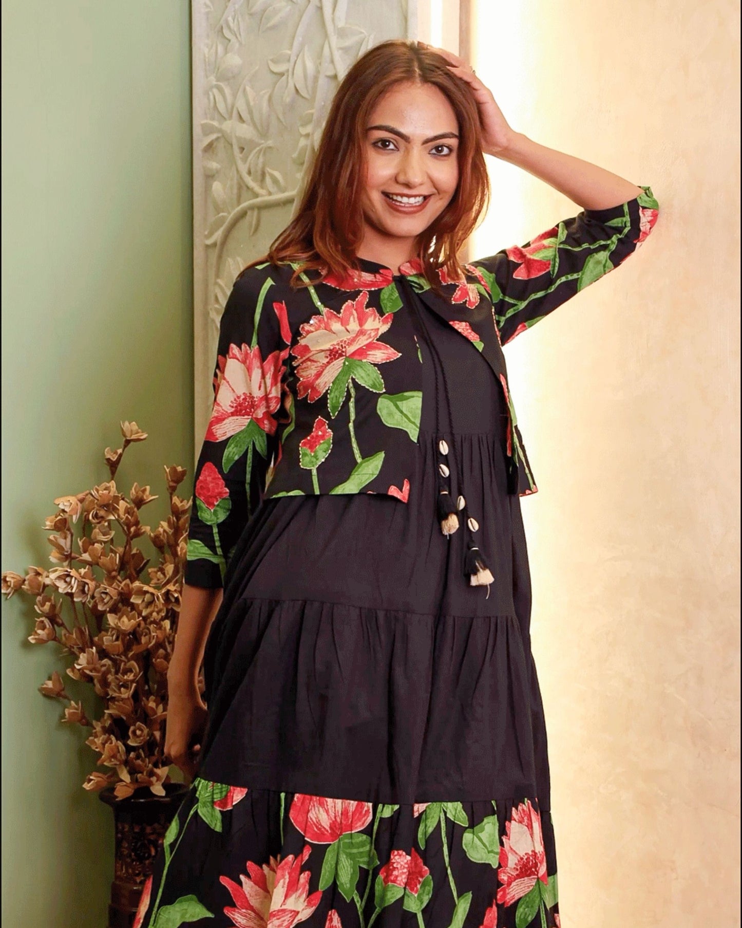 Black Cotton Floral Kurta Dress with Short Jacket