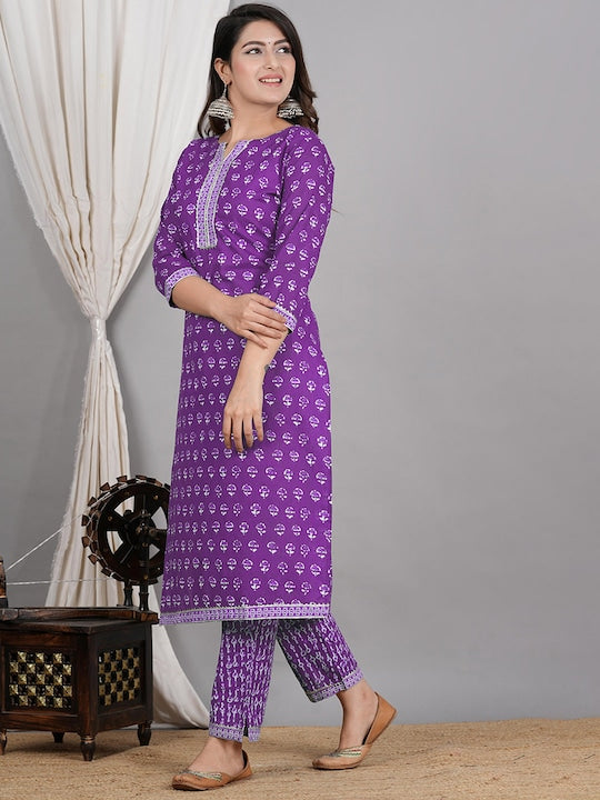 Ethnic Motifs Printed Gotta Patti Pure Cotton Straight Kurta & Trouser