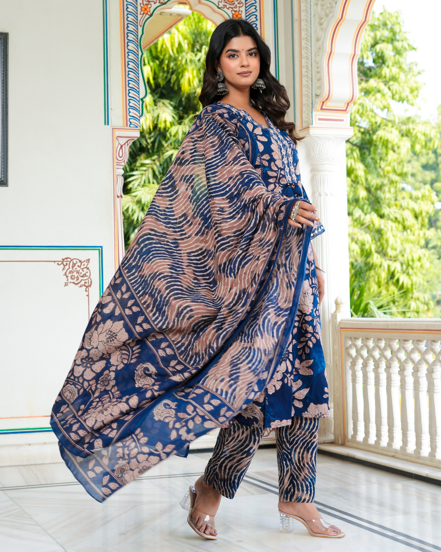 Blue Floral Printed Kurta With Printed Trouser & Dupatta