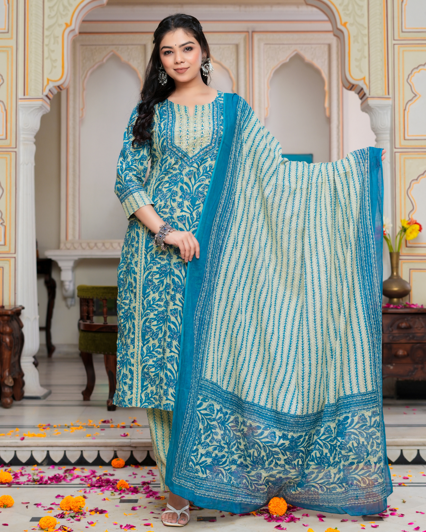 Blue Floral Printed Kurta With Printed Trouser & Dupatta