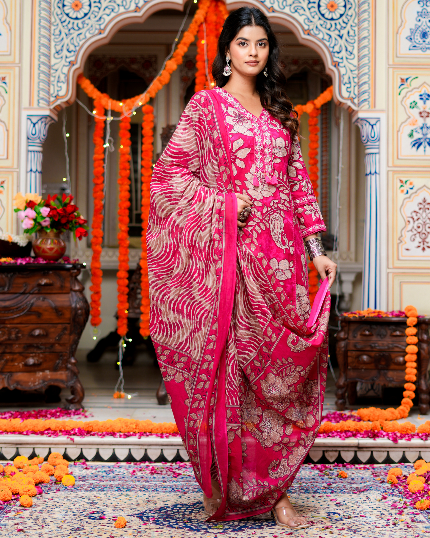 Pink Floral Printed Kurta With Printed Trouser & Dupatta