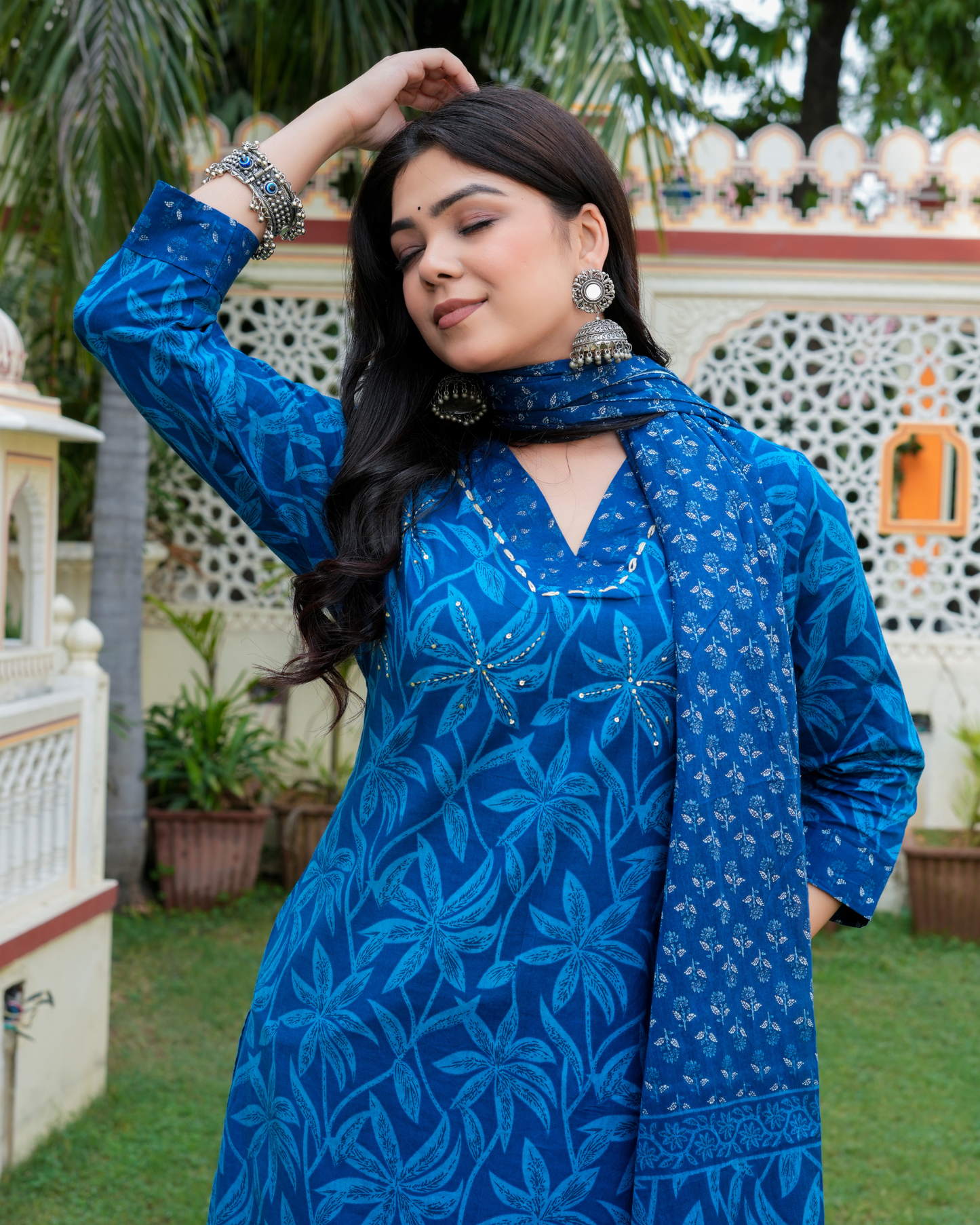 Blue Floral Printed Kurta With Printed Trouser & Dupatta