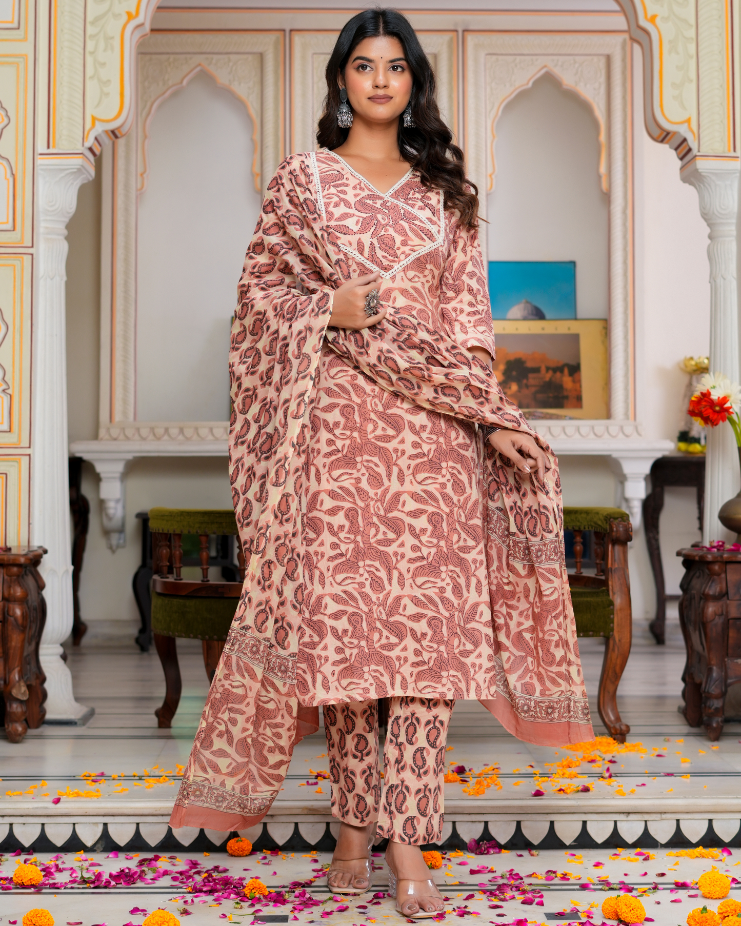 Beige Floral Printed Kurta With Printed Trouser & Dupatta