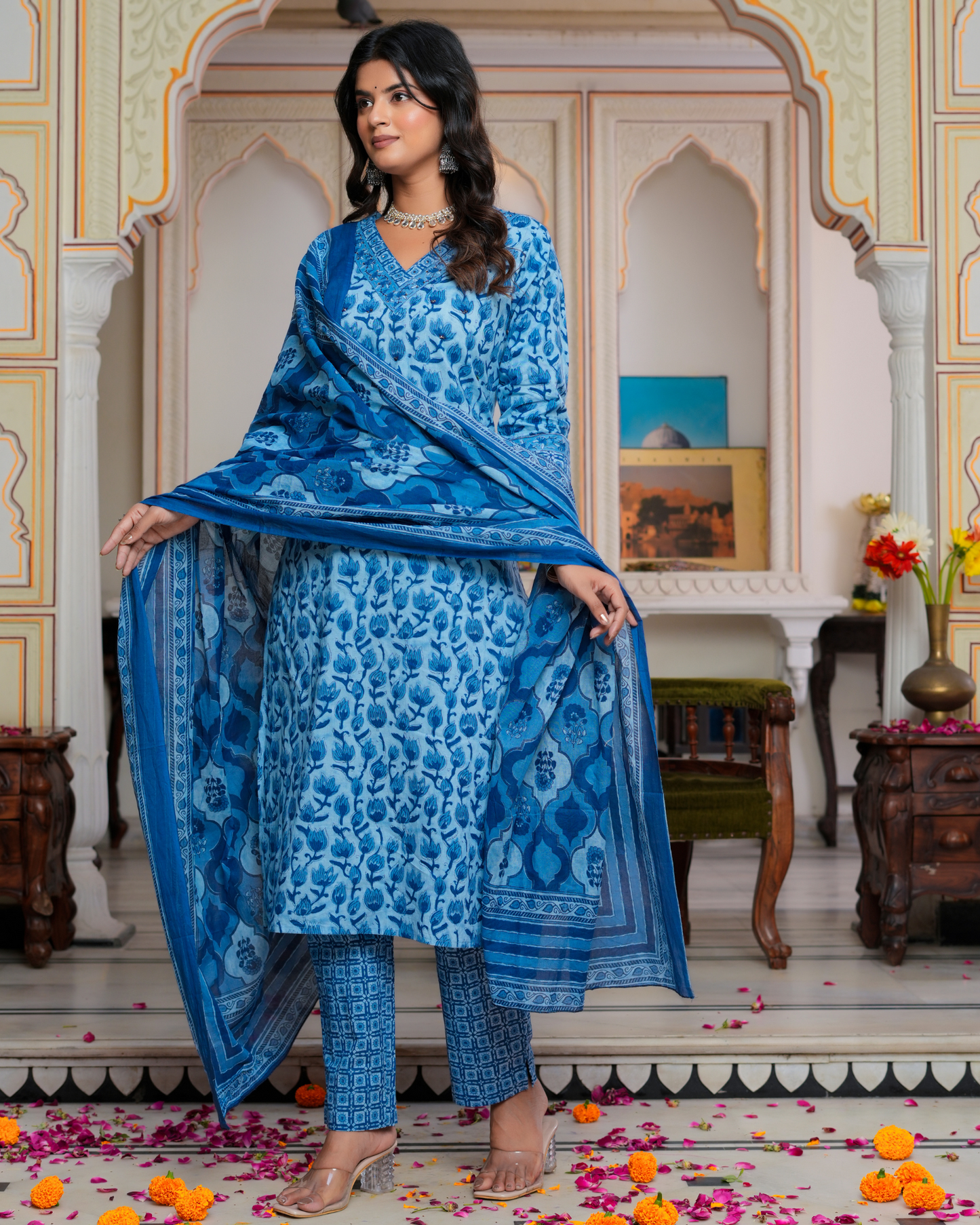 Blue Floral Printed Kurta With Printed Trouser & Dupatta